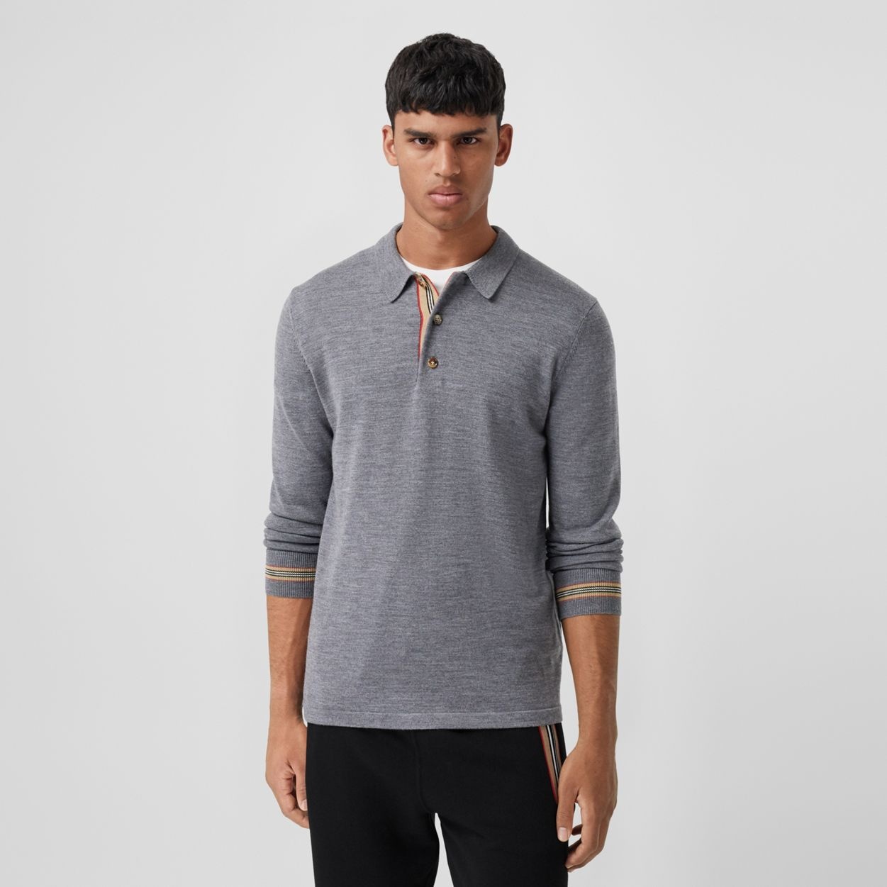 Long-sleeve Icon Stripe Detail Merino Wool Polo Shirt - 2