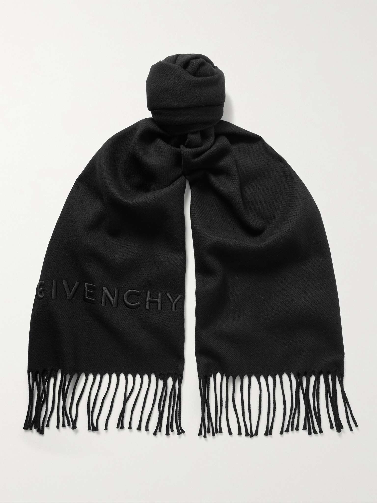 Logo-Embroidered Fringed Wool-Twill Scarf - 1