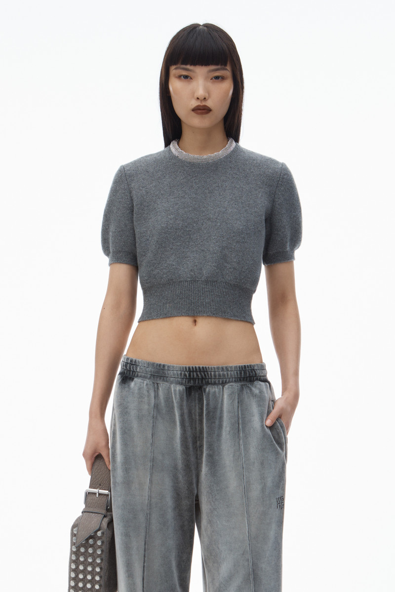 Short Sleeve Tee in Wool Blend with Crystal Hotfix Trim 2