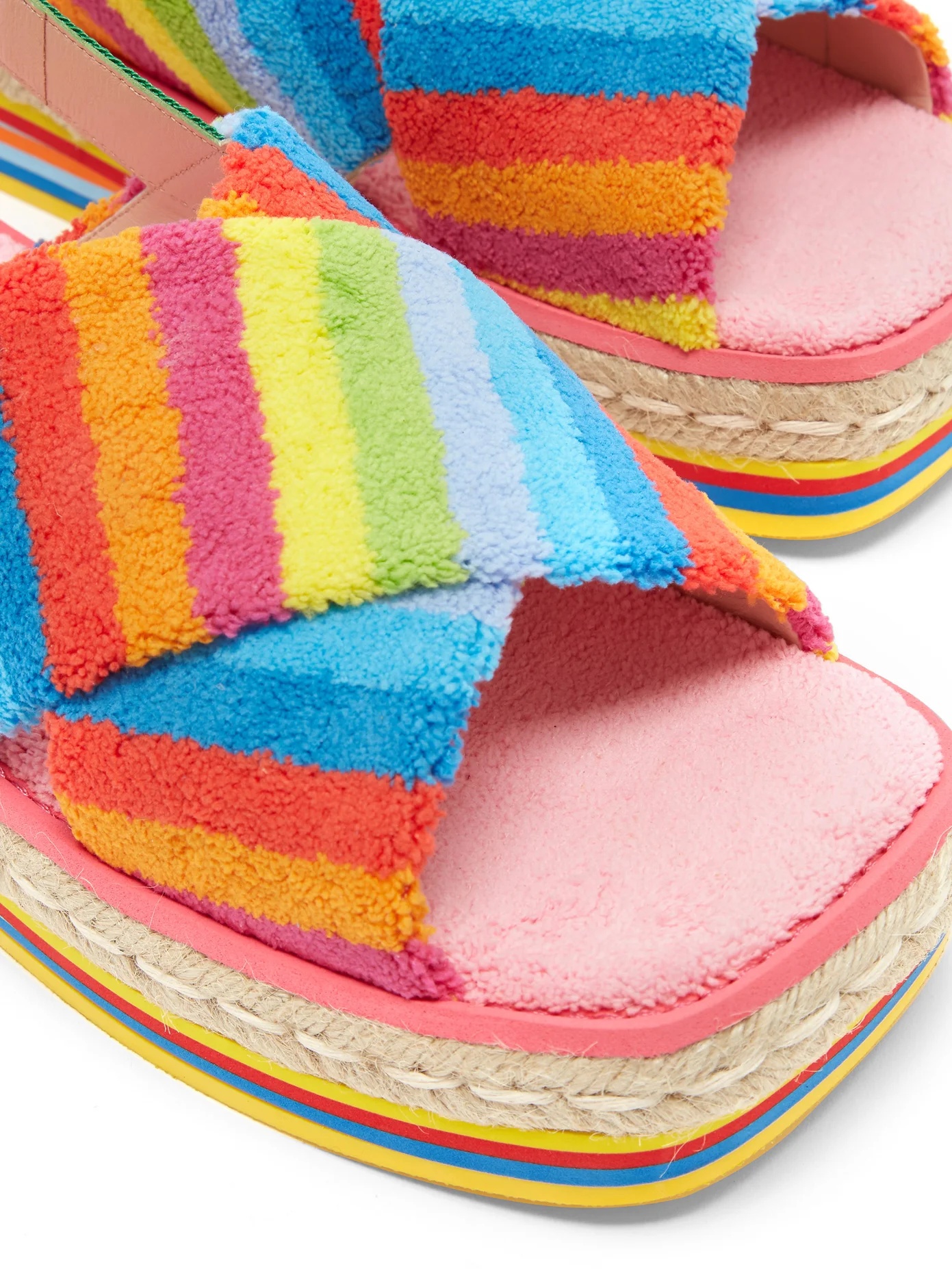 Rainbow-striped terry flatform sandals - 6