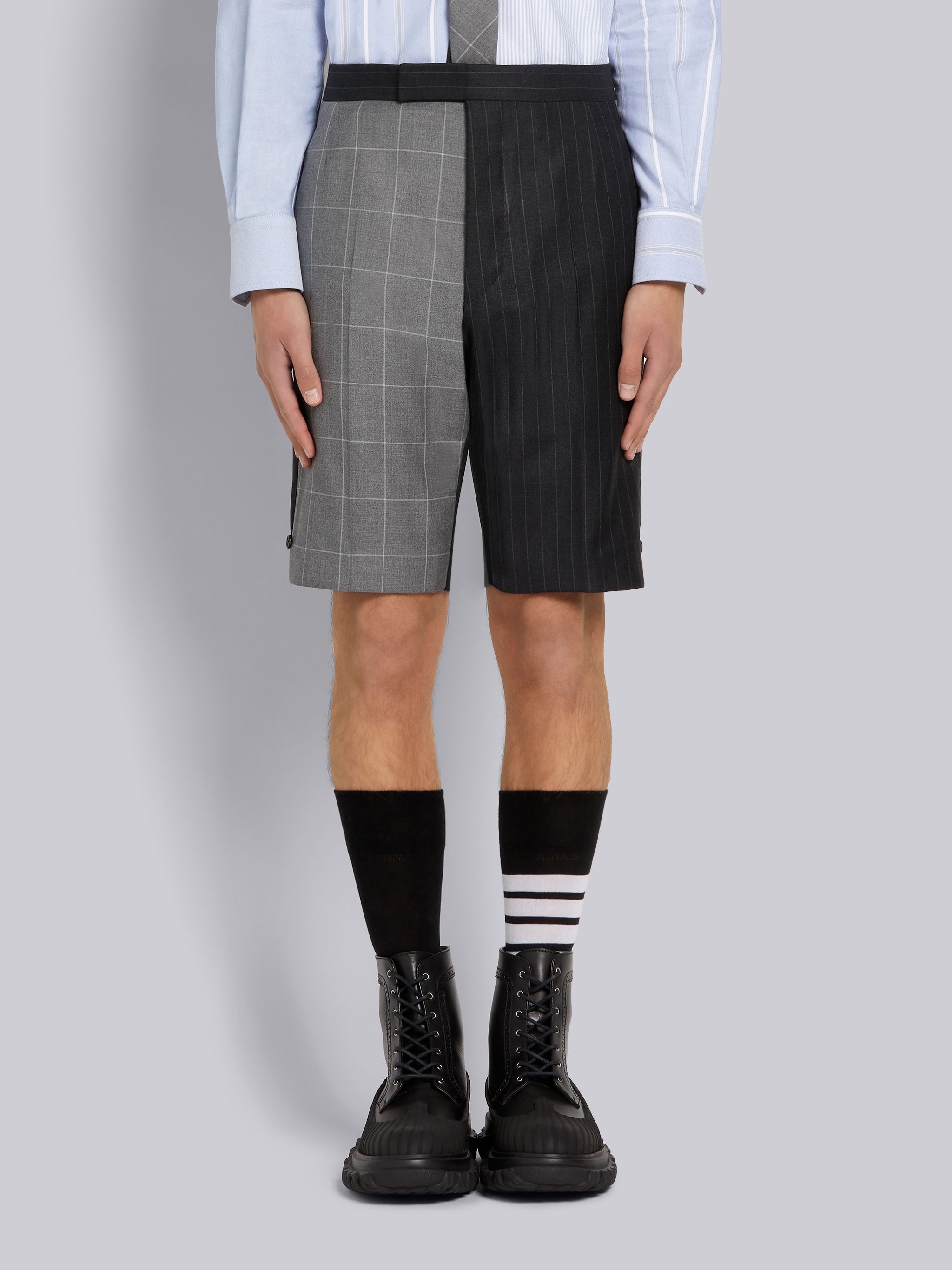 Dark Grey Pinstripe Wool Suiting Classic Backstrap Short - 1