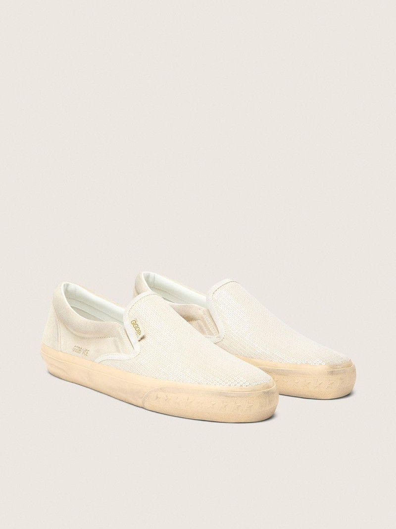 Golden Goose Women’s VCE Penstar in beige suede and pearl-colored sequins outlook