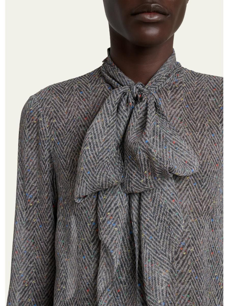 Shildon Herringbone Silk Bow Button-Down Top 5