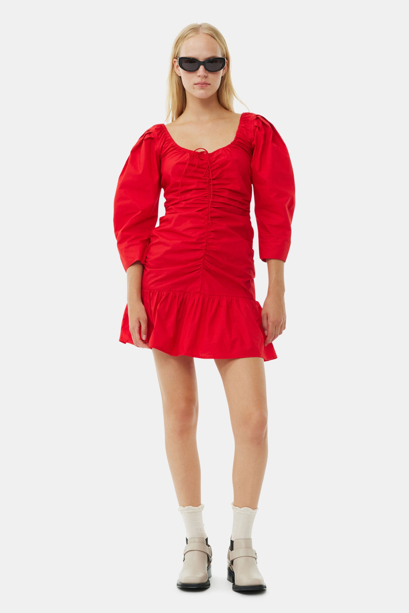 RED COTTON POPLIN GATHERED U-NECK MINI DRESS - 2