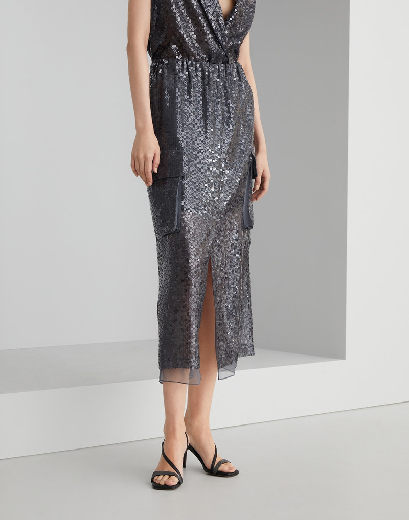 Dazzling embroidery cargo midi skirt in crispy silk - 1