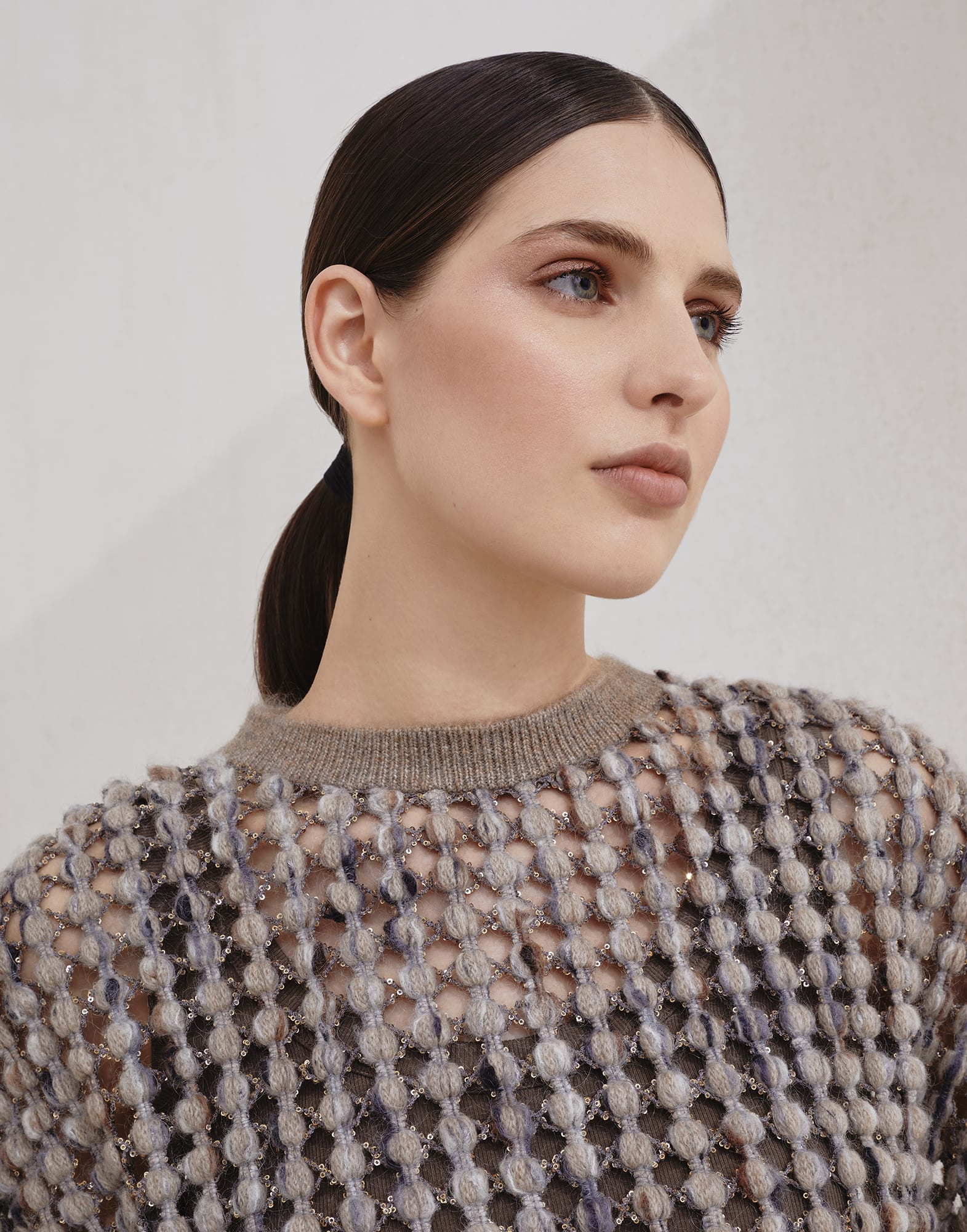 Virgin wool, cashmere and mohair balloon net embroidery knit T-shirt - 3