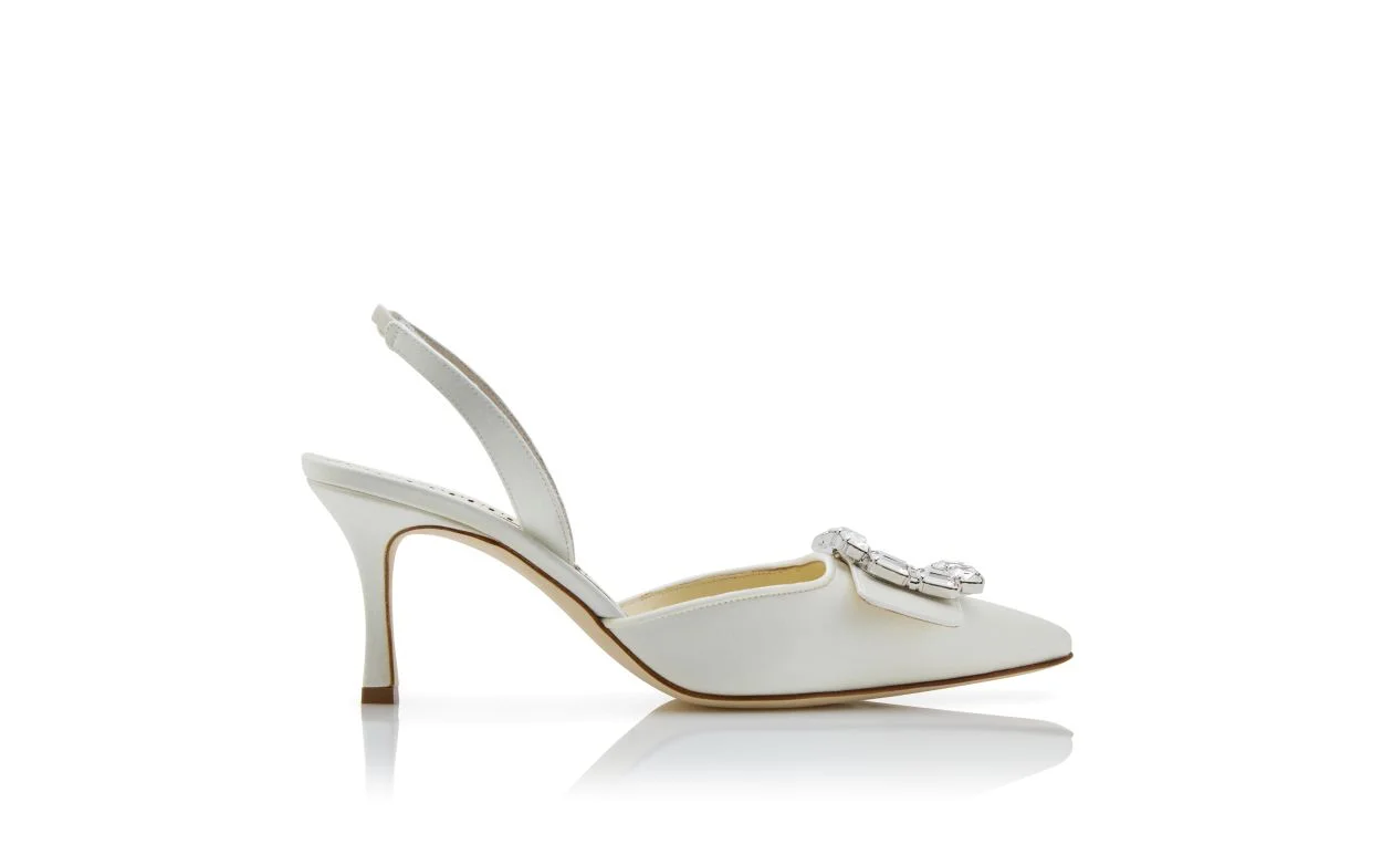 Cream Satin Crystal Buckle Slingback Pumps - 1
