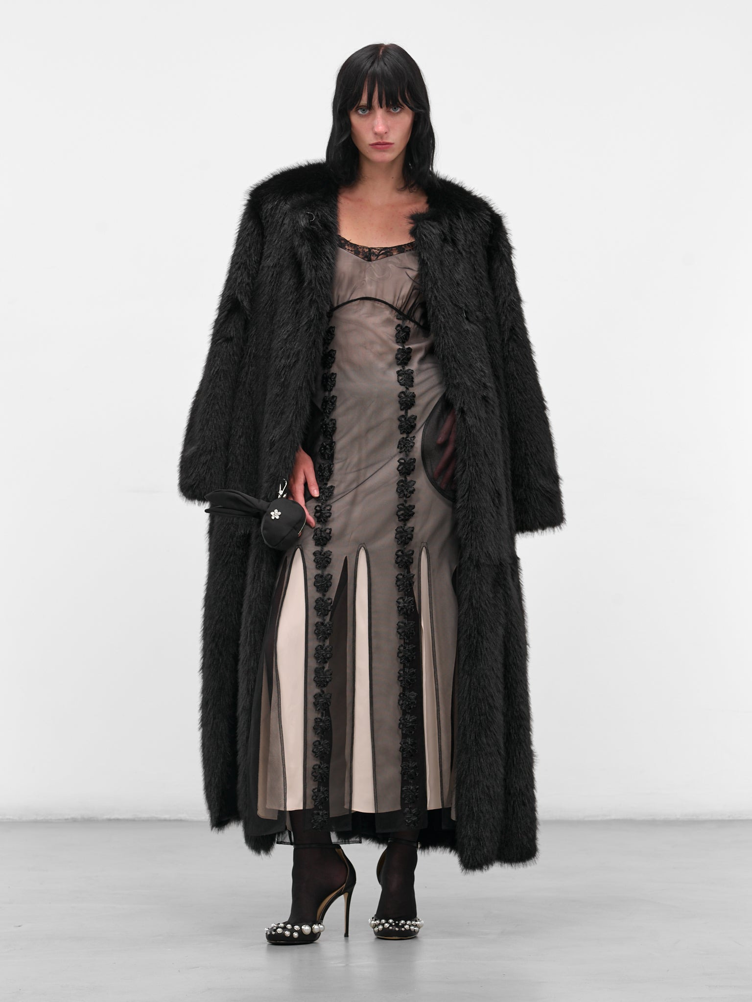 Black Oversized Long Fur Coat - 6