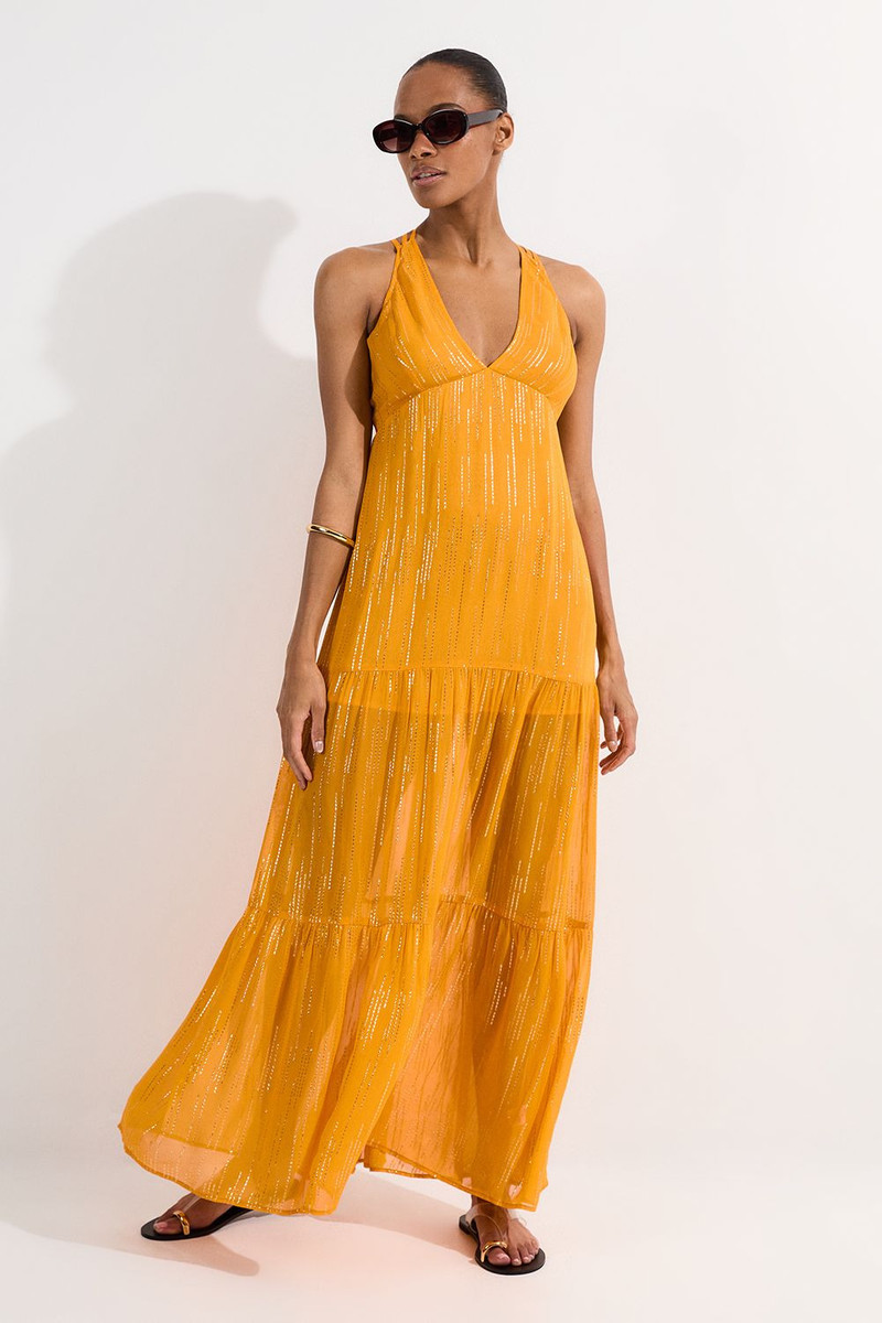 Strappy Metallic Viscose Georgette Beach Dress 1