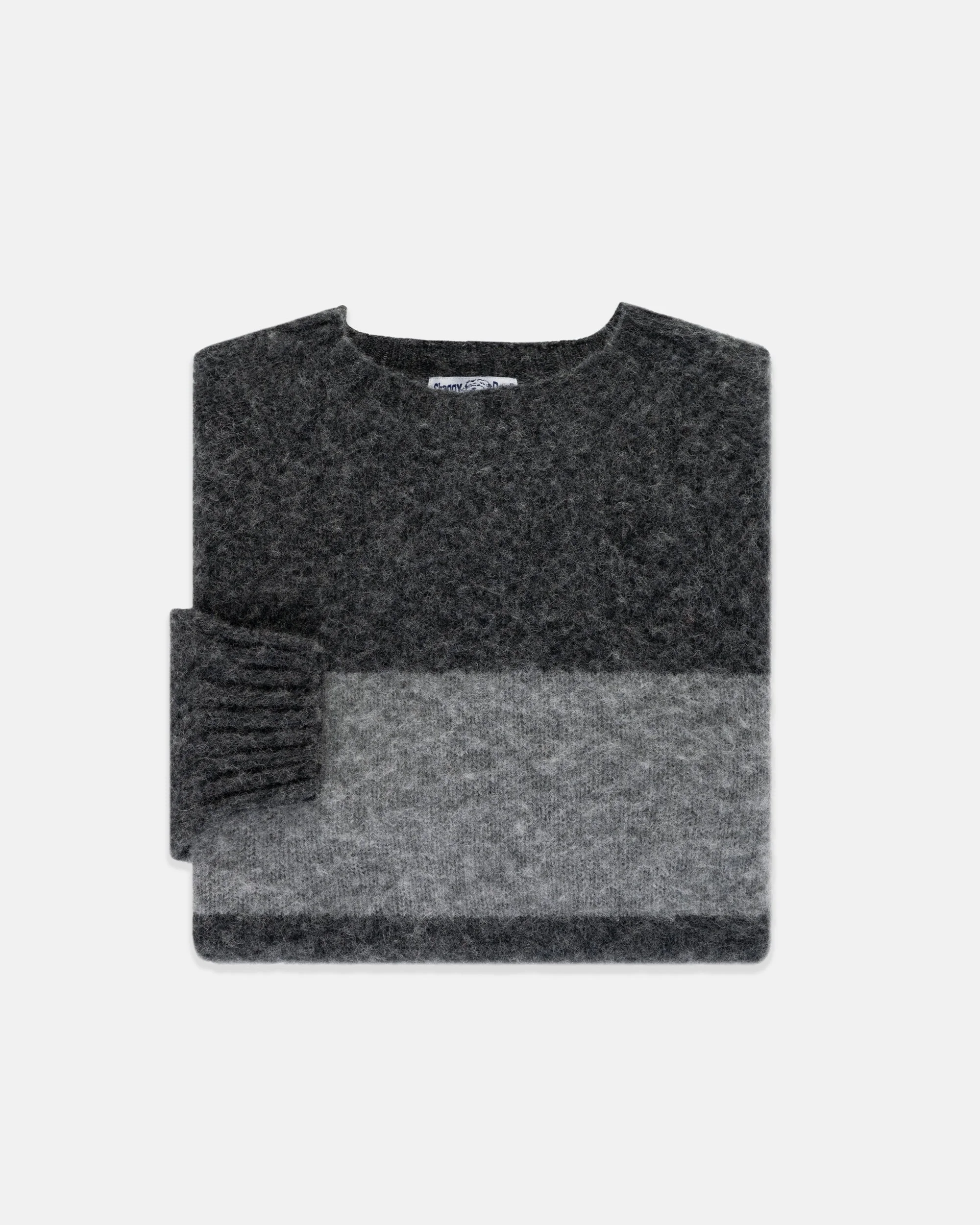 MADE-IN-SCOTLAND GREY & BLACK SHAGGY DOG BLOCK STRIPE SWEATER - TRIM FIT - 1