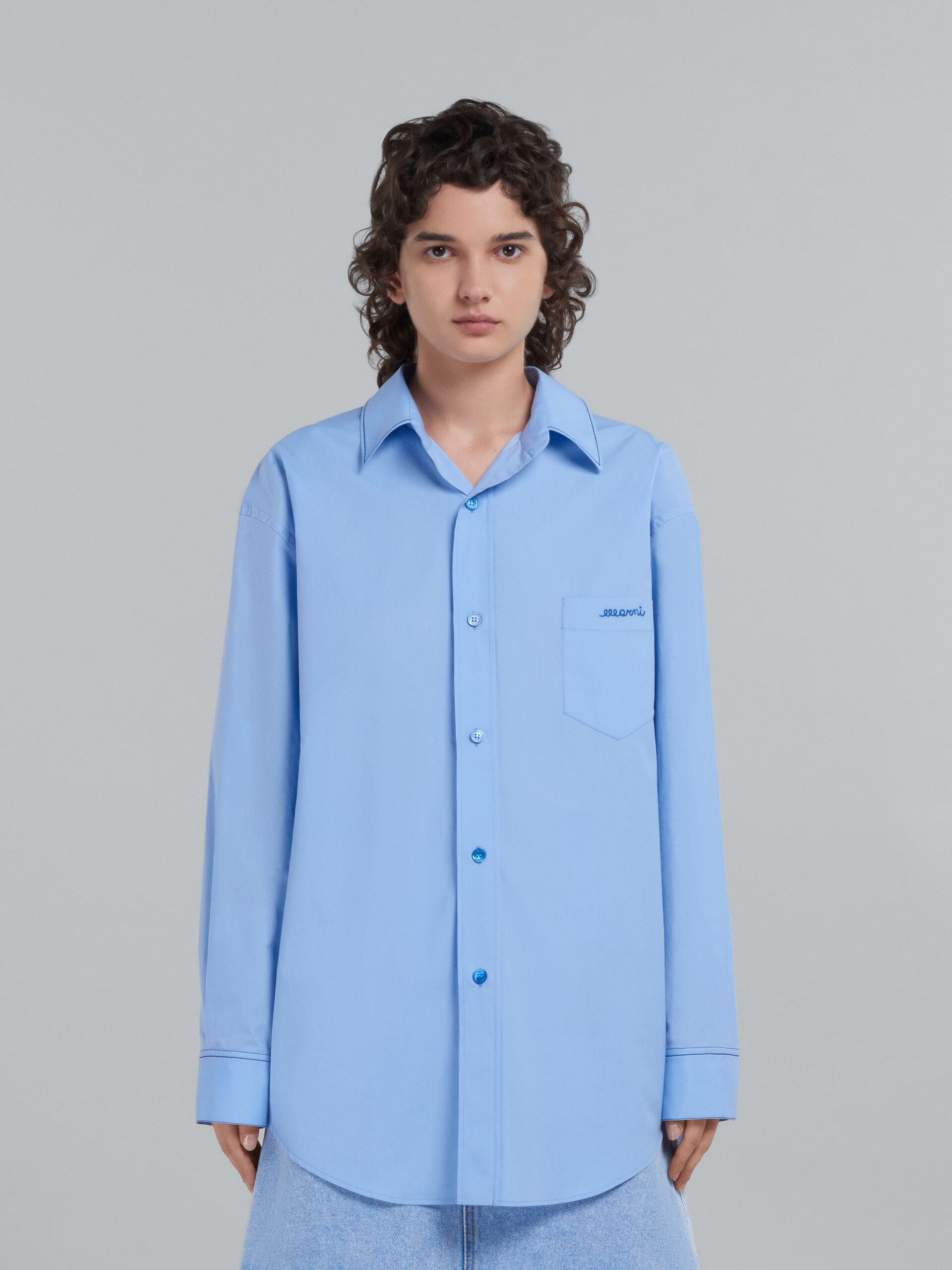 LIGHT BLUE BIO COTTON SHIRT WITH EMBROIDERED LOGO - 2