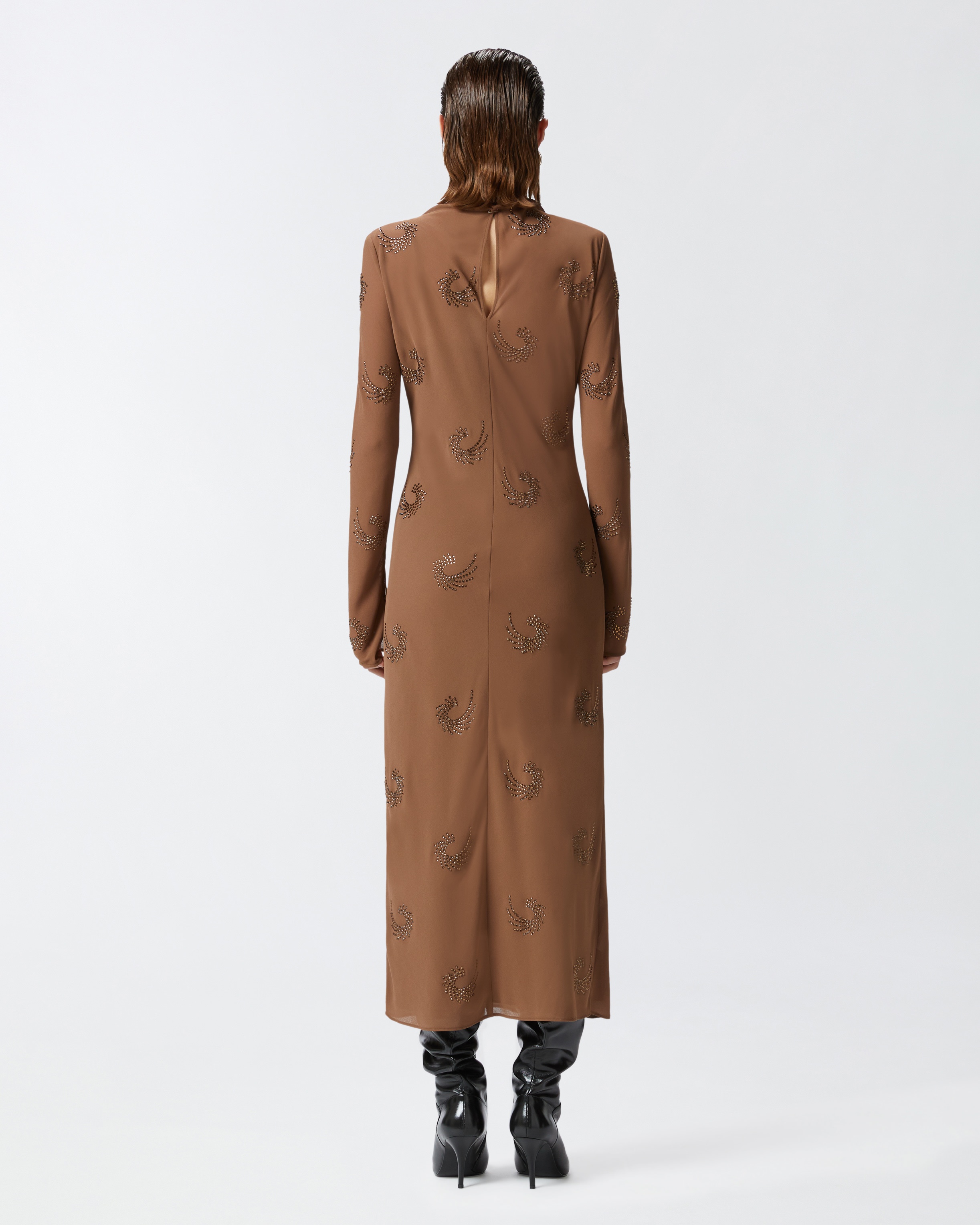 LONG HIGH-NECK DRESS WITH RHINESTONE SWIRLS - 4