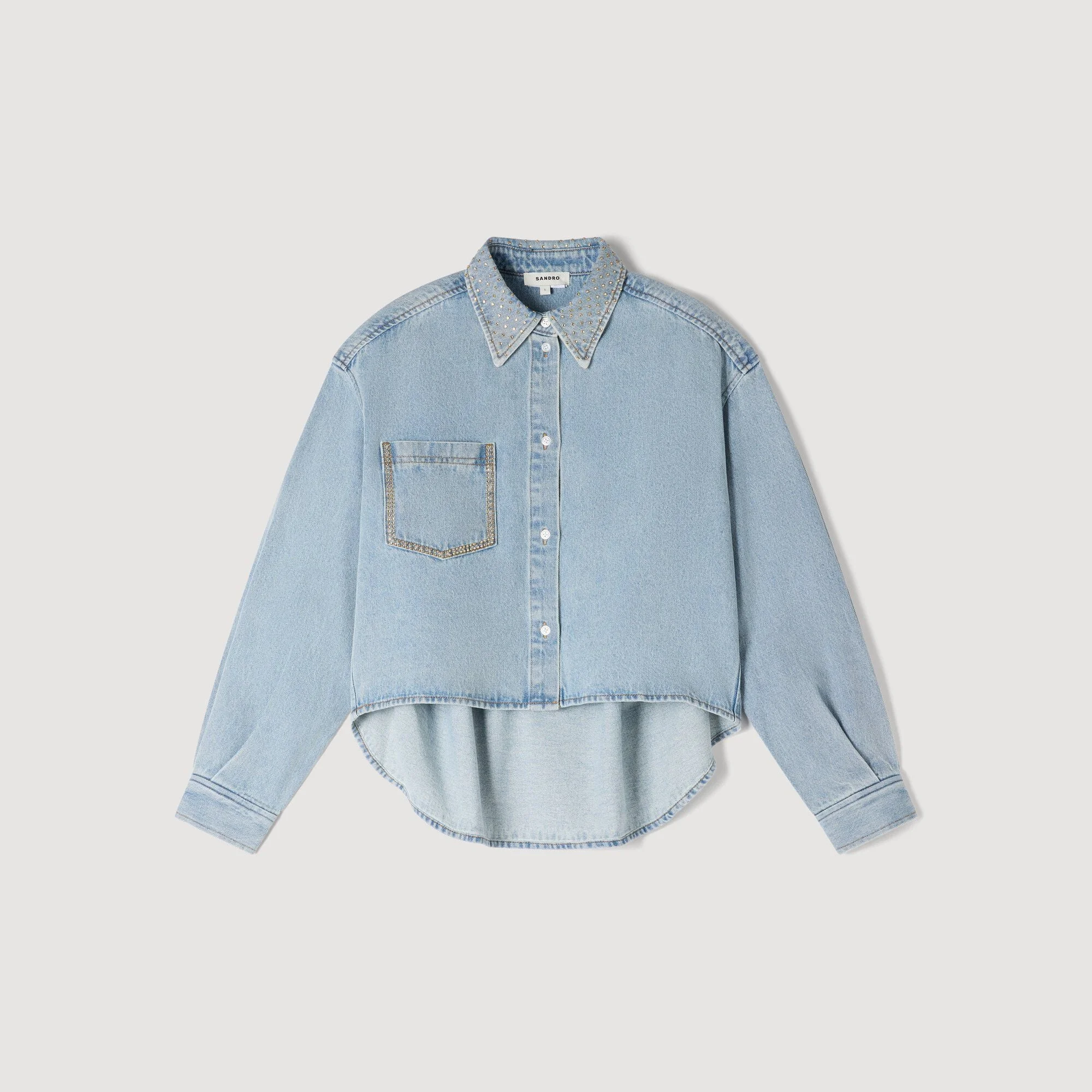 RHINESTONE CROPPED DENIM SHIRT - 1