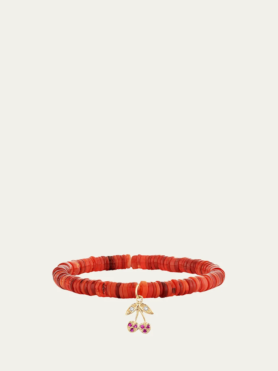 14K Diamond and Ruby Cherry on Red Opal Stretch Bracelet - 1