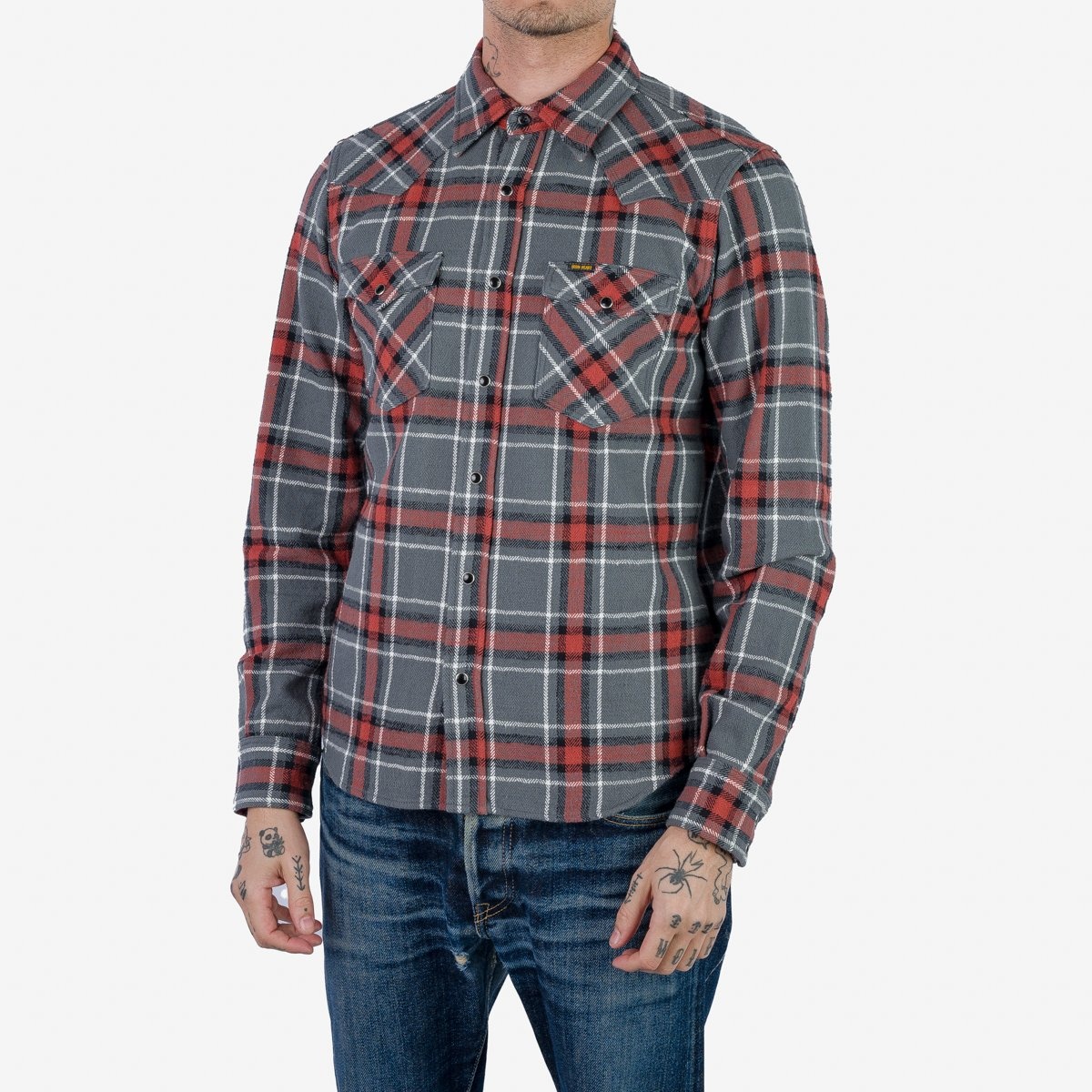 IHSH-369-GRY 12oz Slubby Heavy Flannel Herringbone Check Western Shirt - Grey - 2