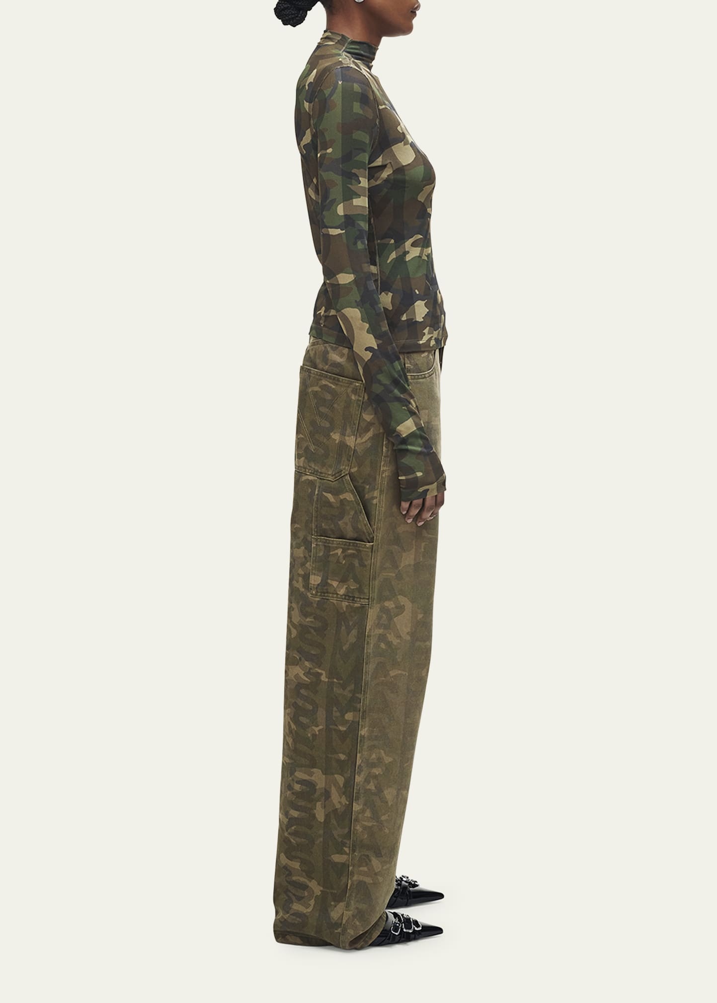 Camo Logo-Print Turtleneck Long-Sleeve Sheer Top - 4