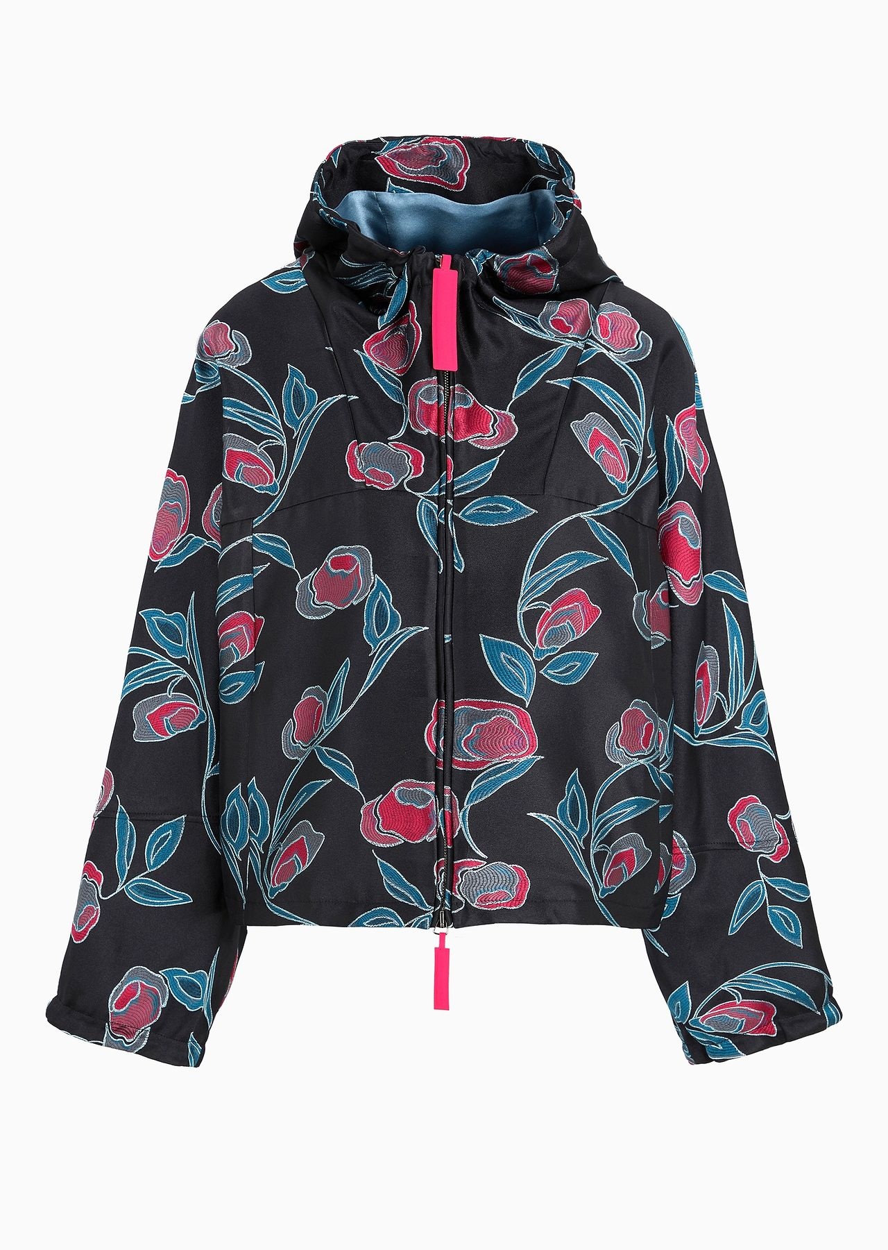 Floral embroidered silk duchess satin hooded blouson - 1