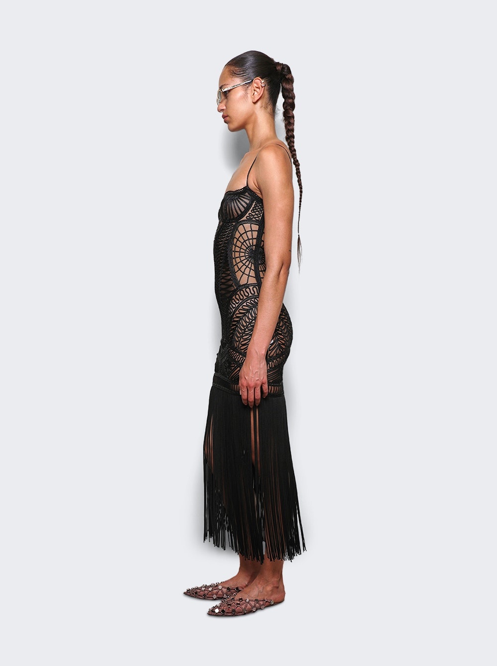 Embroidered Sheer Midi Dress Black - 4