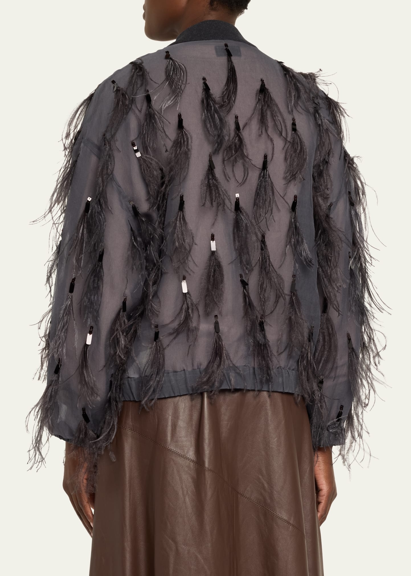 Crispy Silk Organza Bomber Jacket with Feather and Shiny Embroidery - 3