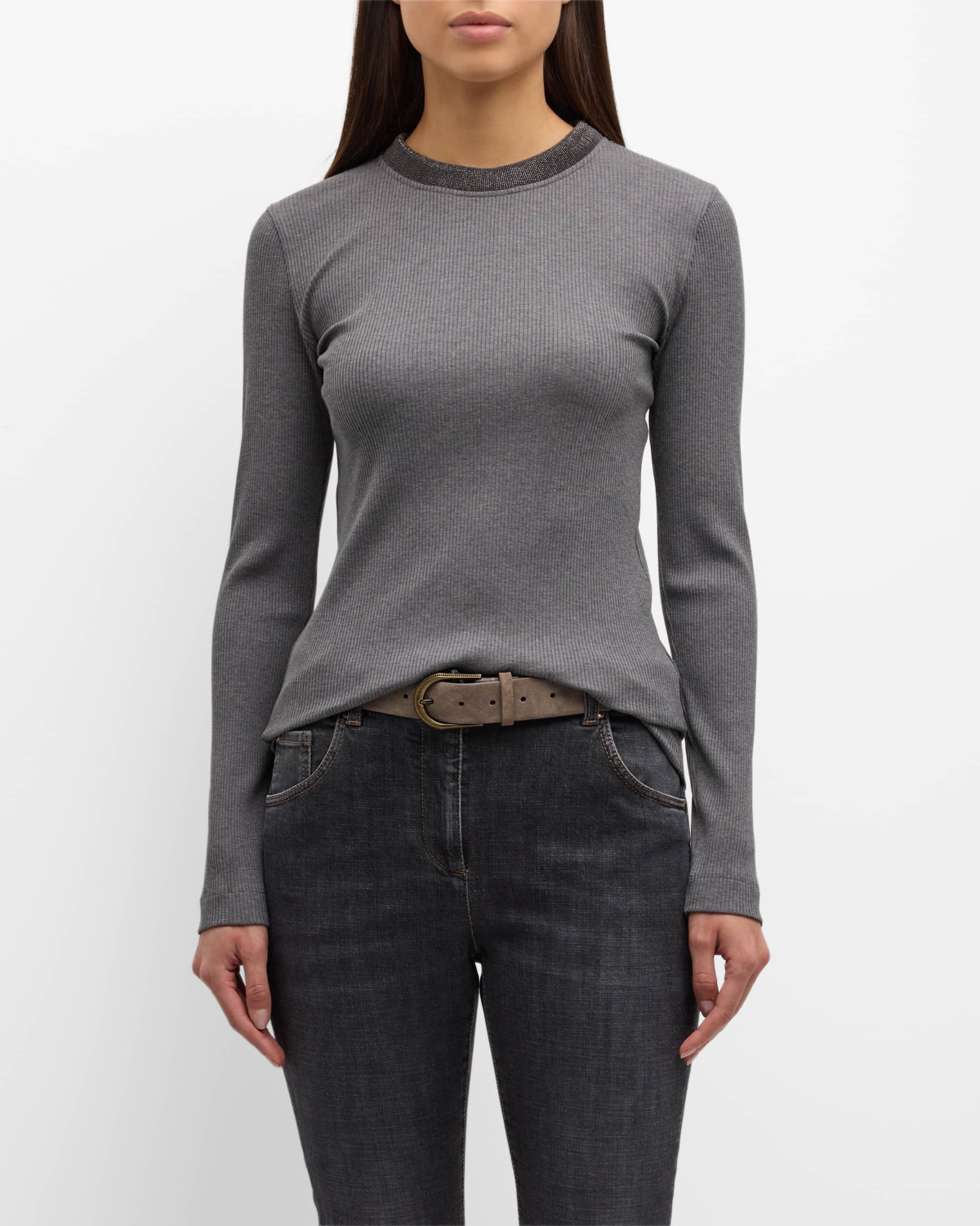 Cotton Stretch Ribbed Knit Top with Substantial Monili Collar - 2