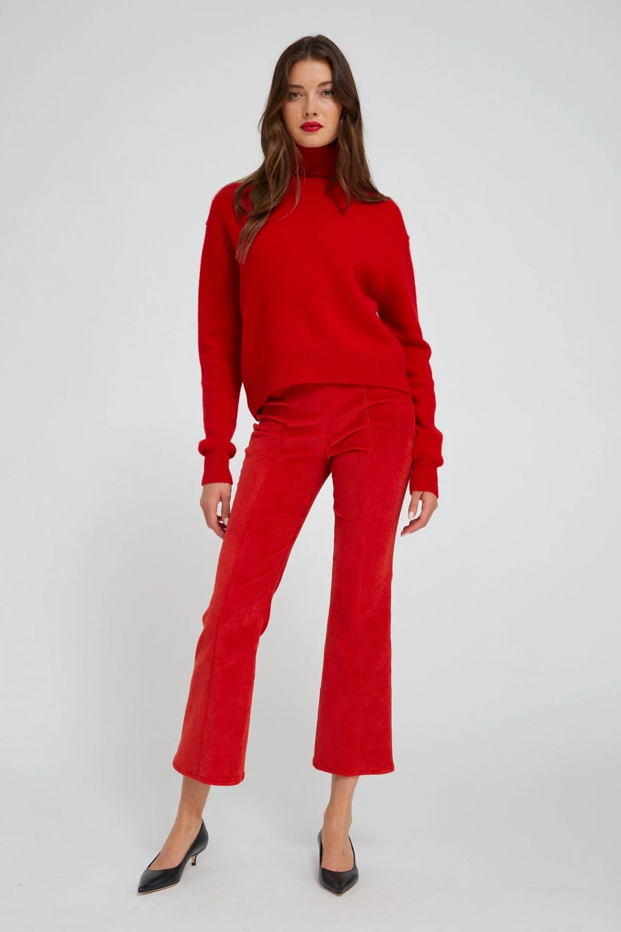 RED CORDUROY ANKLE FLARE WITH PRINCESS SEAMS - 1