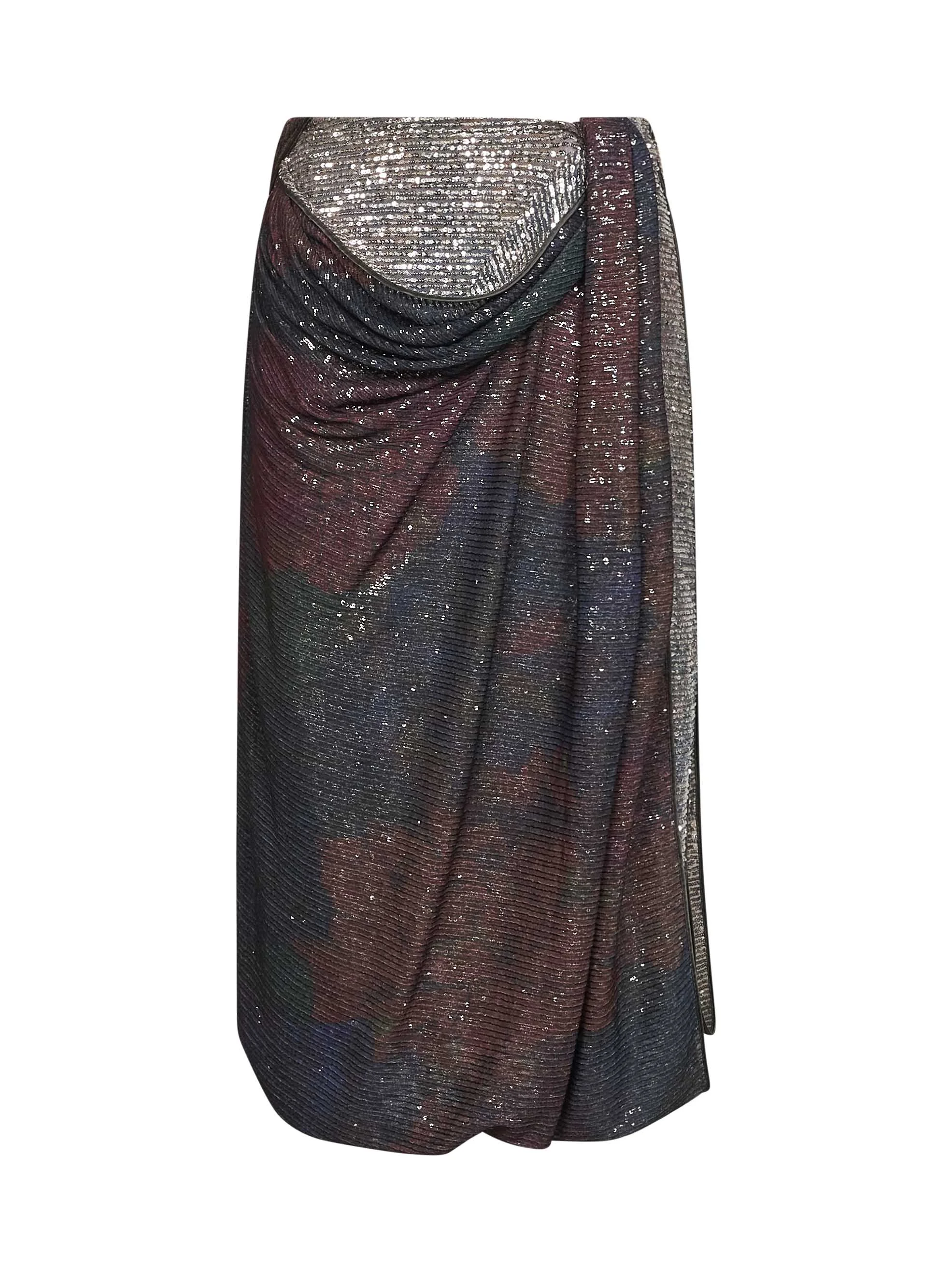 Maison Margiela Women Blue And Burgundy Printed Sequins Draped Midi Skirt - 1