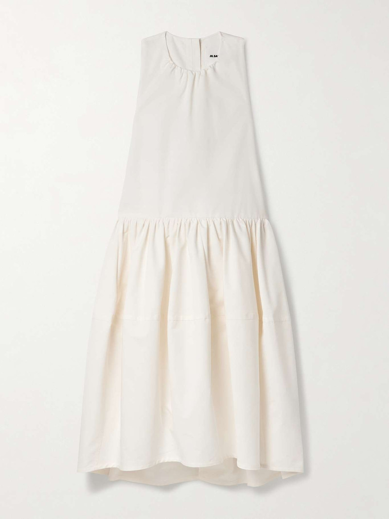 Gathered pleated cotton and silk-blend poplin midi dress 1