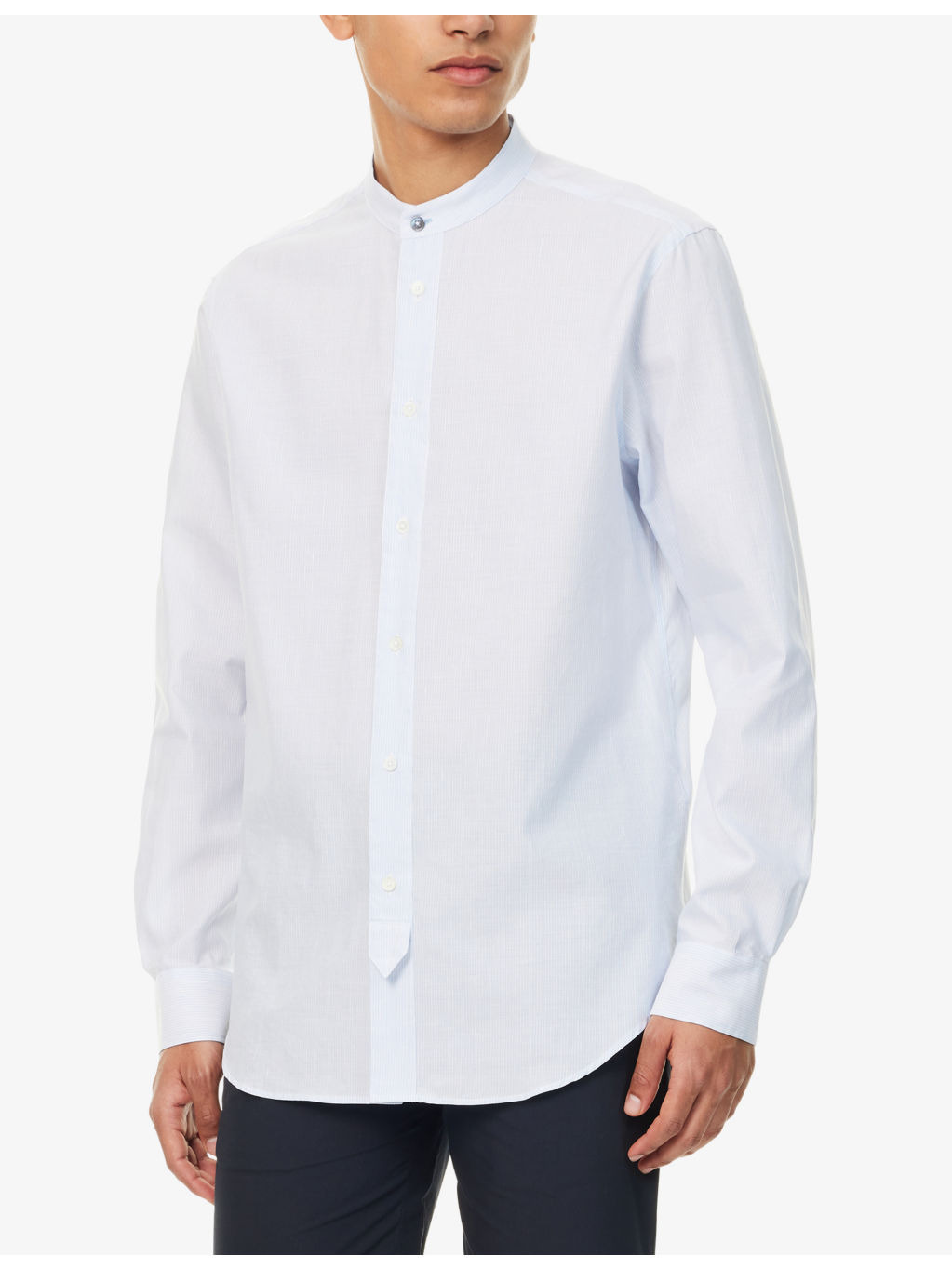 Grandad-Collar Long-Sleeve Cotton and Linen-Blend Shirt - 3