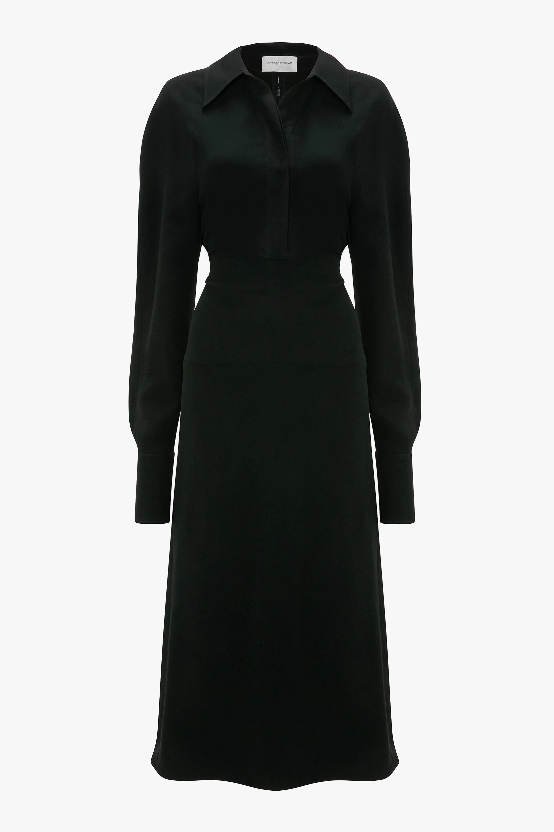 Long Sleeve Polo Collar Midi Dress In Black - 1