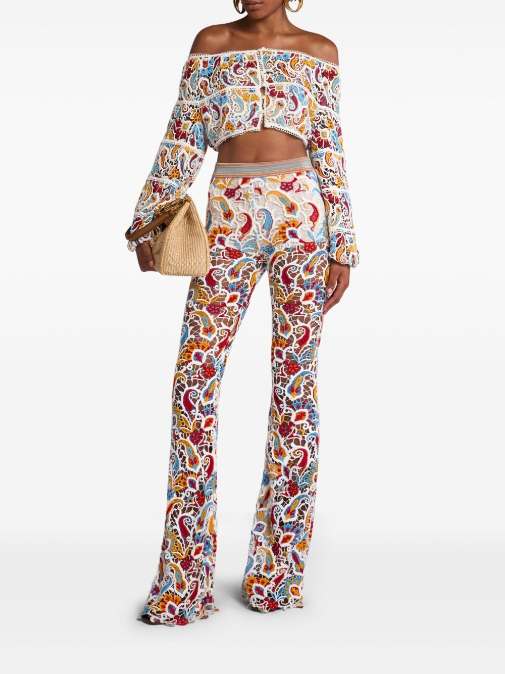 paisley-macramé flared trousers - 2