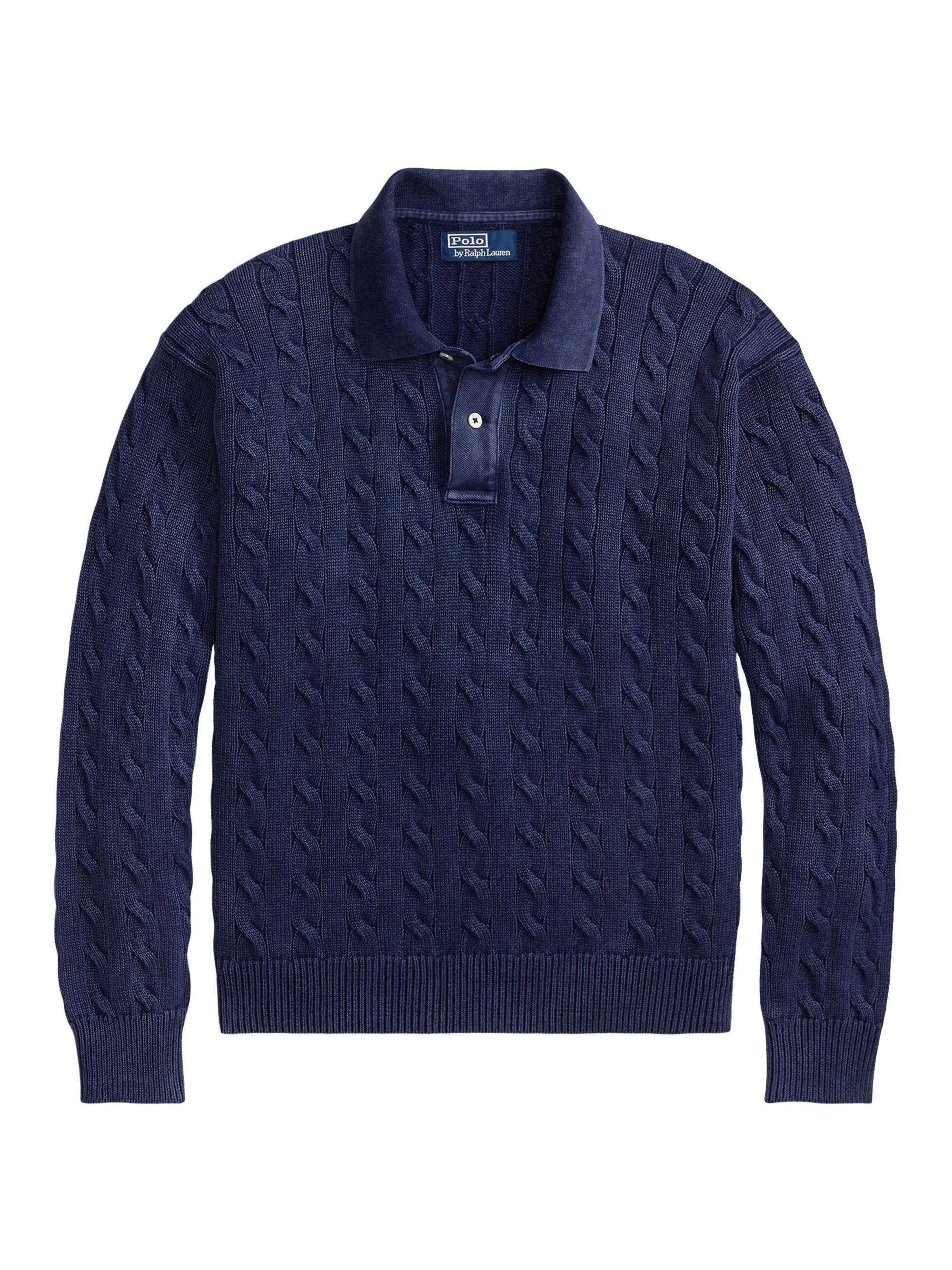 Men's Cable-Knit Cotton Polo Sweater - Dark Cobalt - 1
