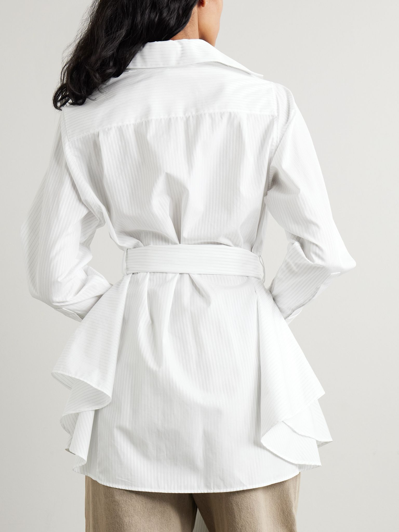 Belted embroidered pinstriped cotton-poplin shirt White - 3