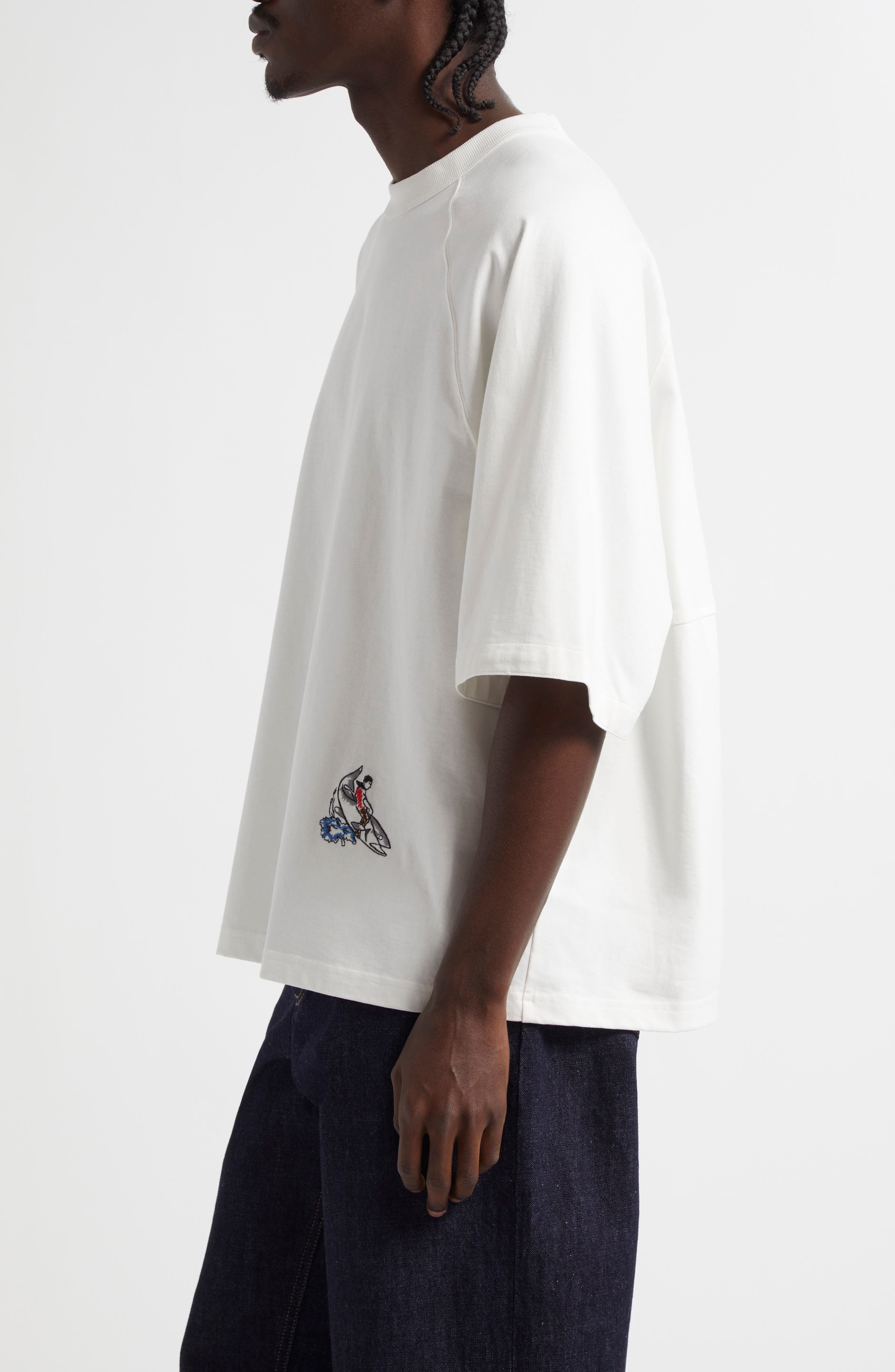 Bottega Veneta Whale Embroidered Oversize Cotton Jersey T-Shirt in 9071 Chalk at Nordstrom - 4