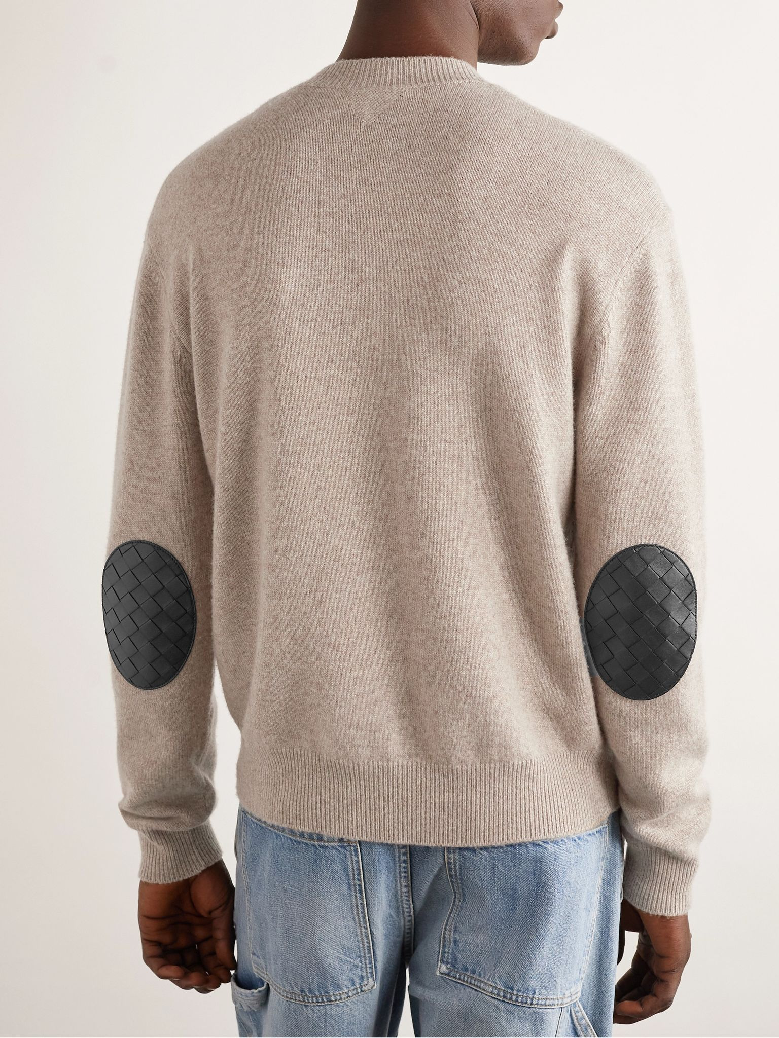 Intrecciato Leather-Trimmed Cashmere-Blend Sweater Beige - 4