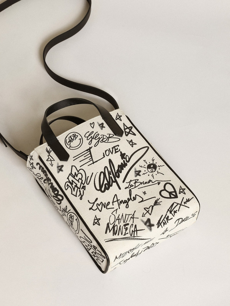 Women's Mini California Bag in white cotton with black print 4
