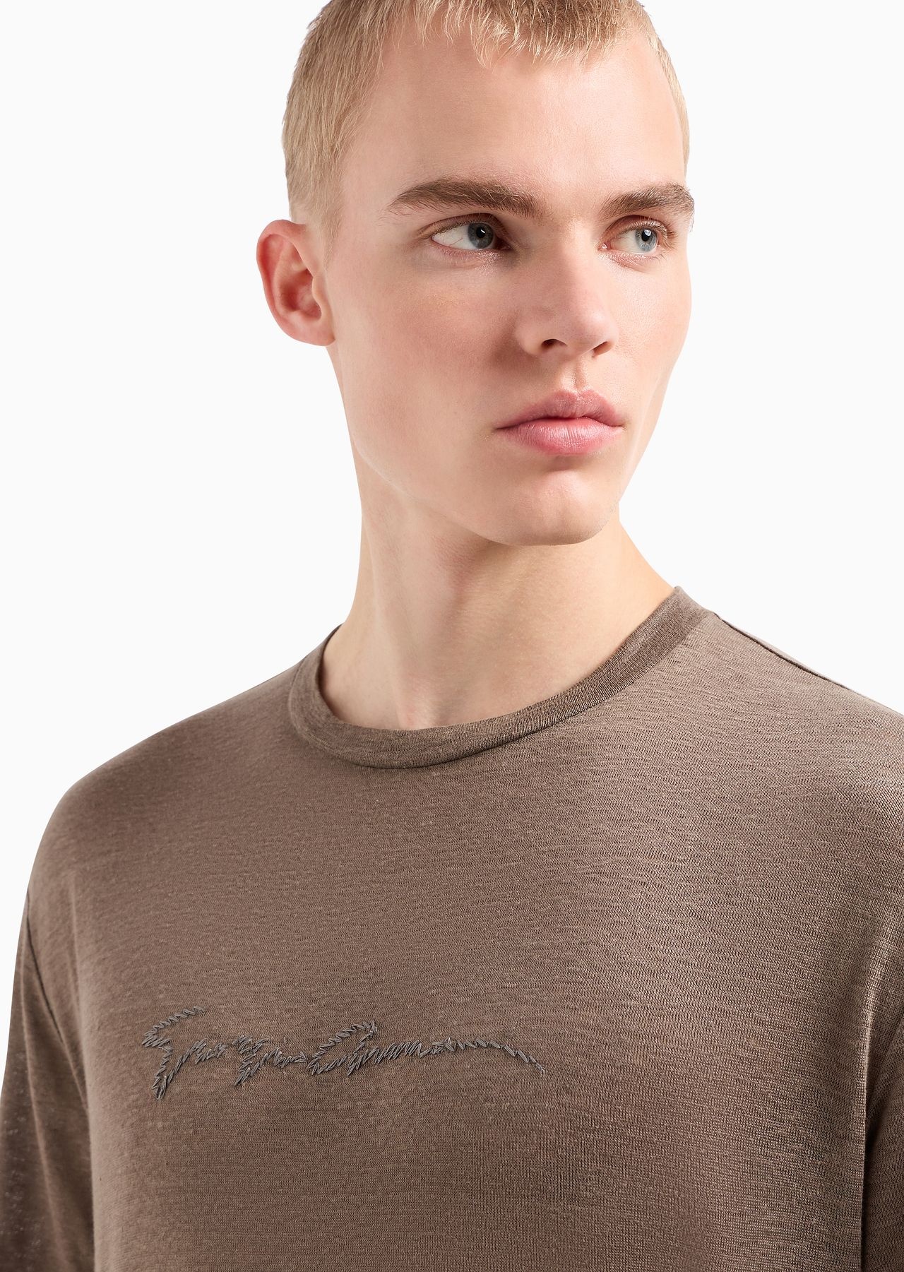 Linen jersey crew-neck T-shirt with signature logo - 6