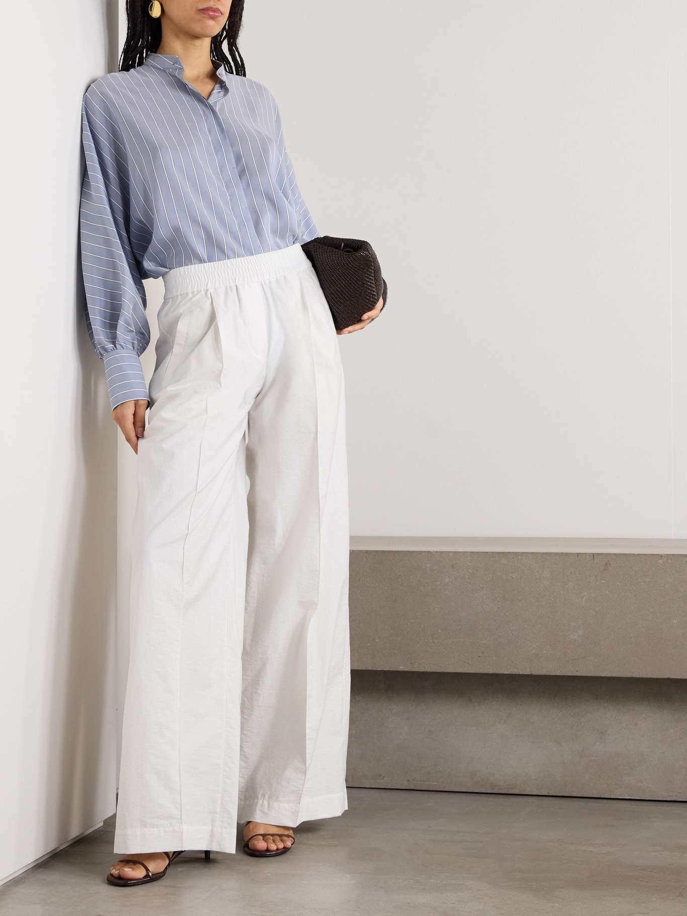 Pleated cotton-blend twill wide-leg pants White - 2