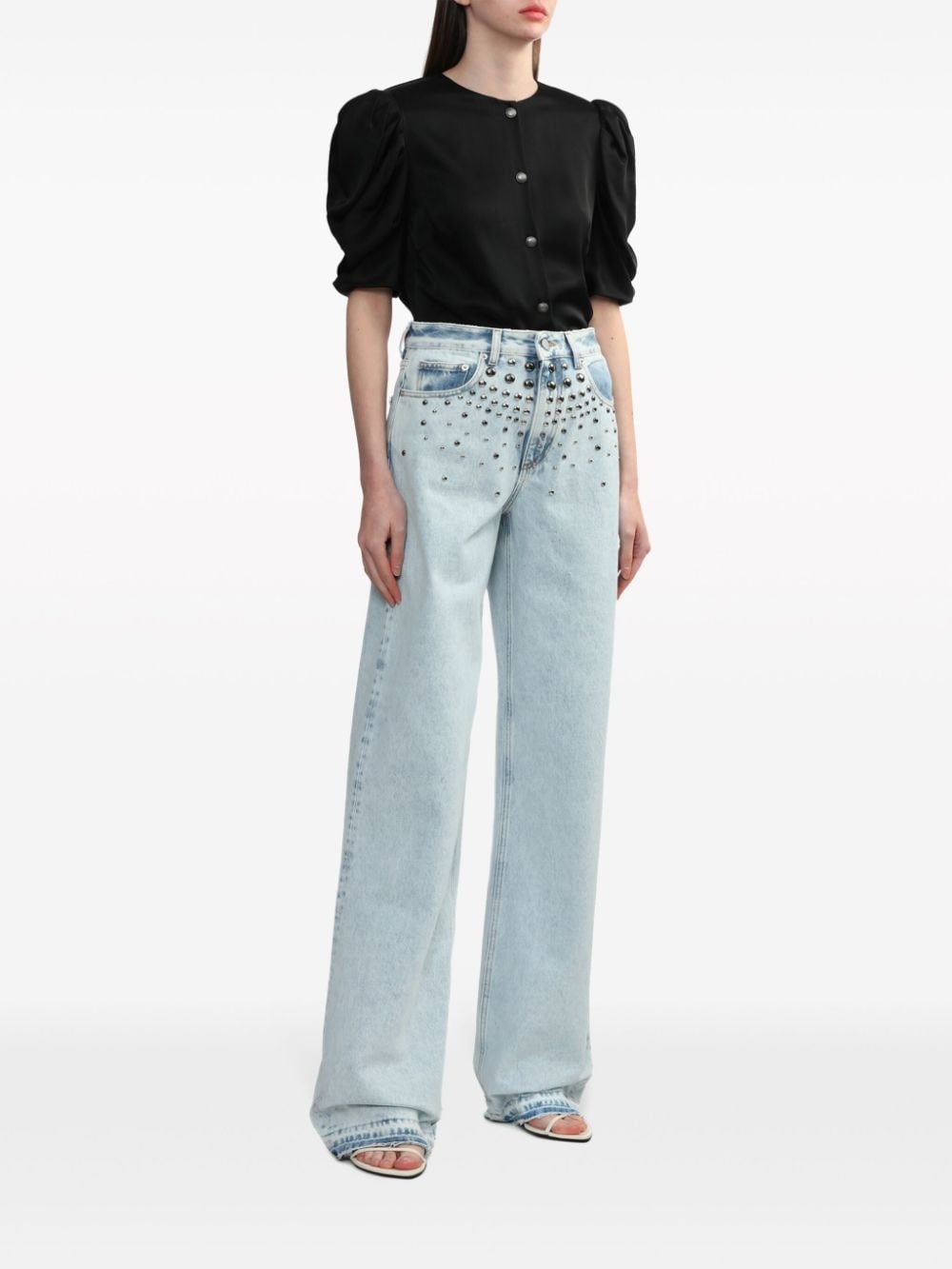 puff-sleeve collarless shirt - 2