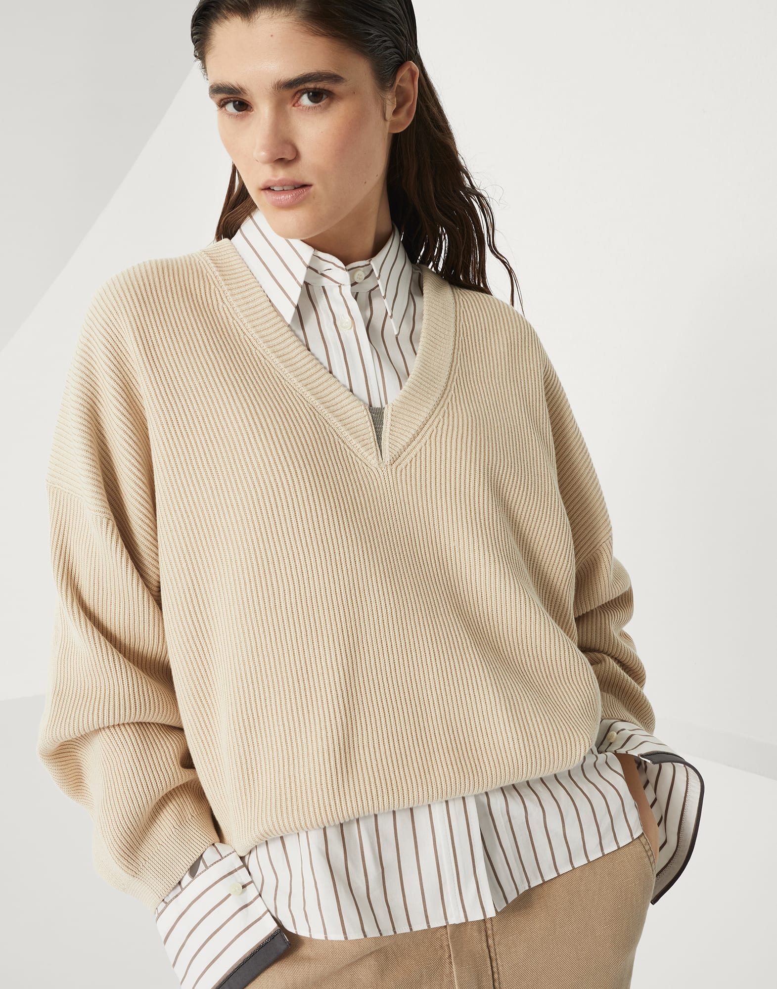 Cotton English rib sweater with shiny detail - 4