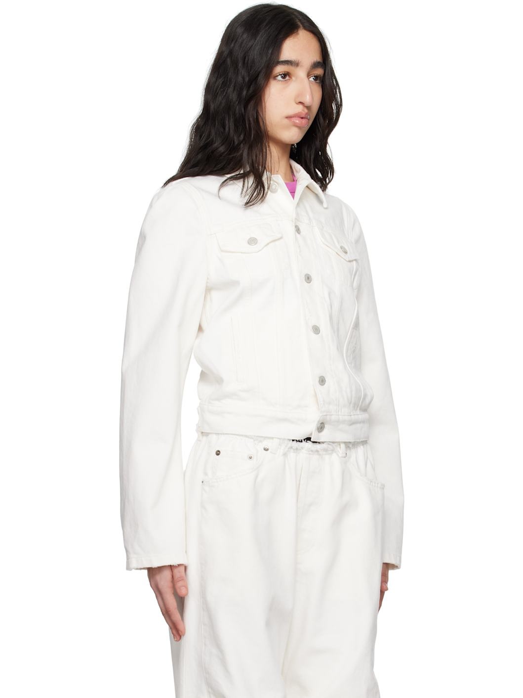 White Molded Shoulder Denim Jacket - 2
