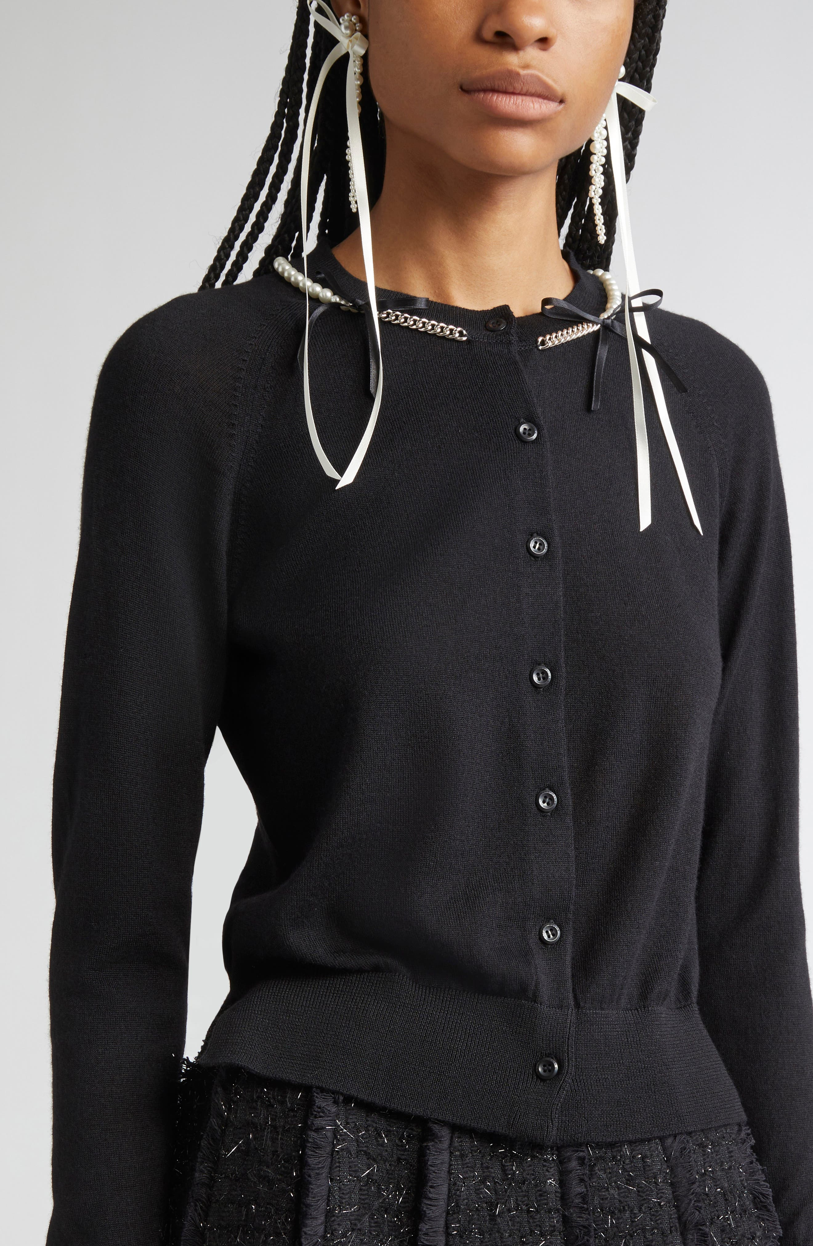 Simone Rocha Classic Long Sleeve Merino Wool & Silk Cardigan with Faux Pearl Detail in Black/Pearl a - 5