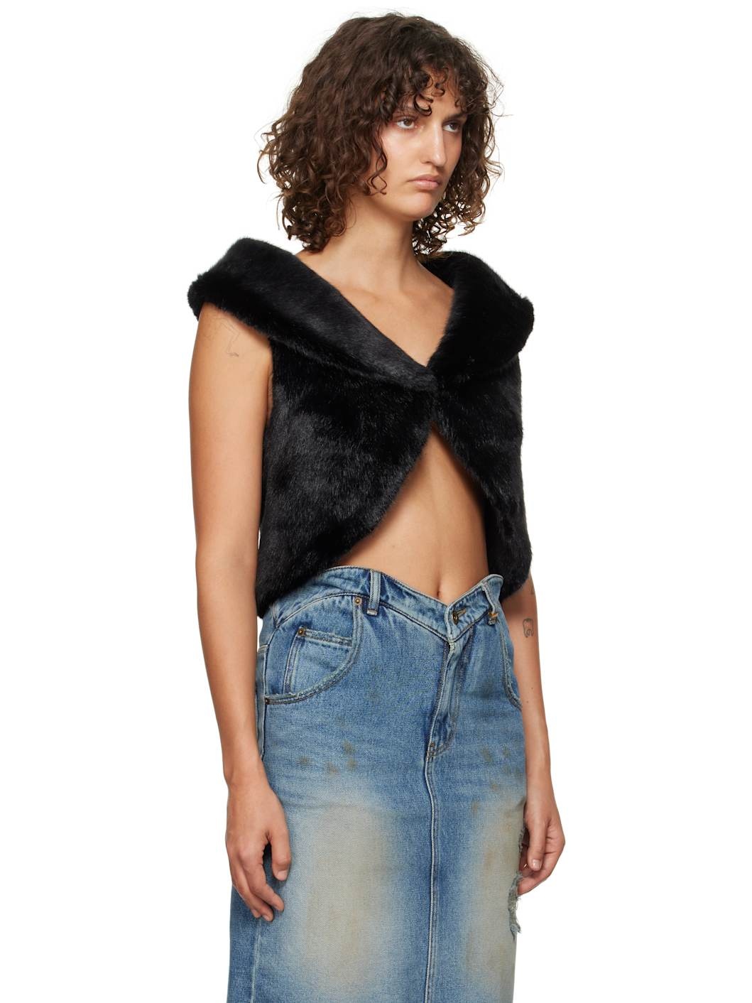 Black Cropped Faux-Fur Vest - 2