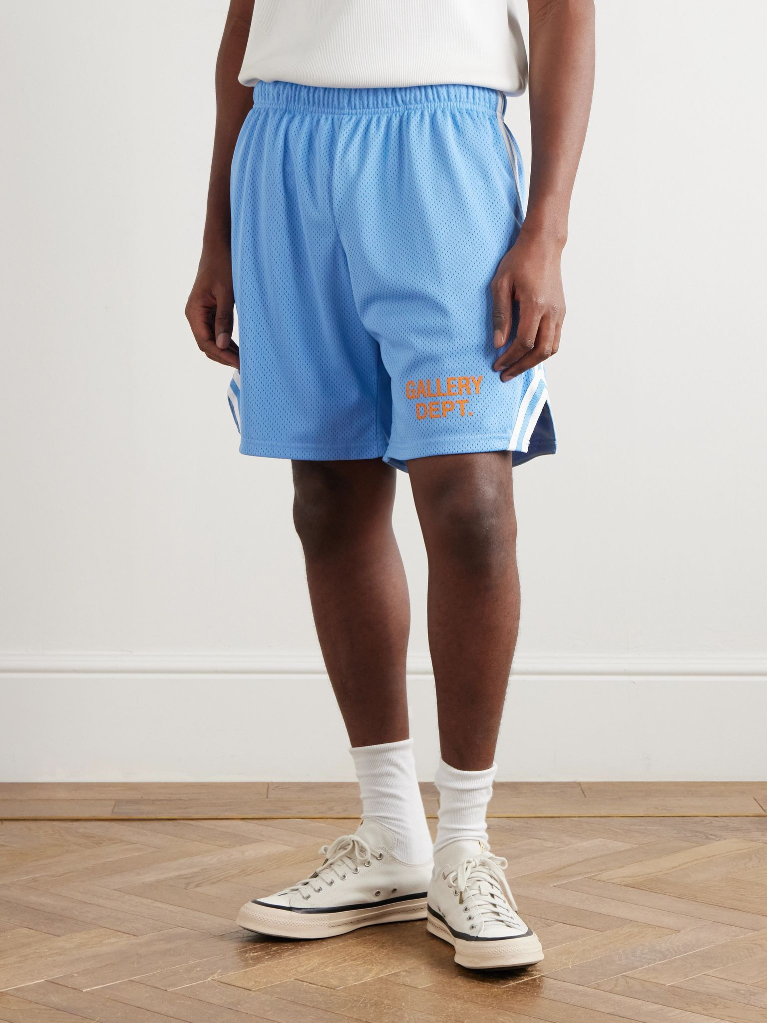 Venice Court Wide-Leg Logo-Print Webbing-Trimmed Mesh Shorts Blue - 3