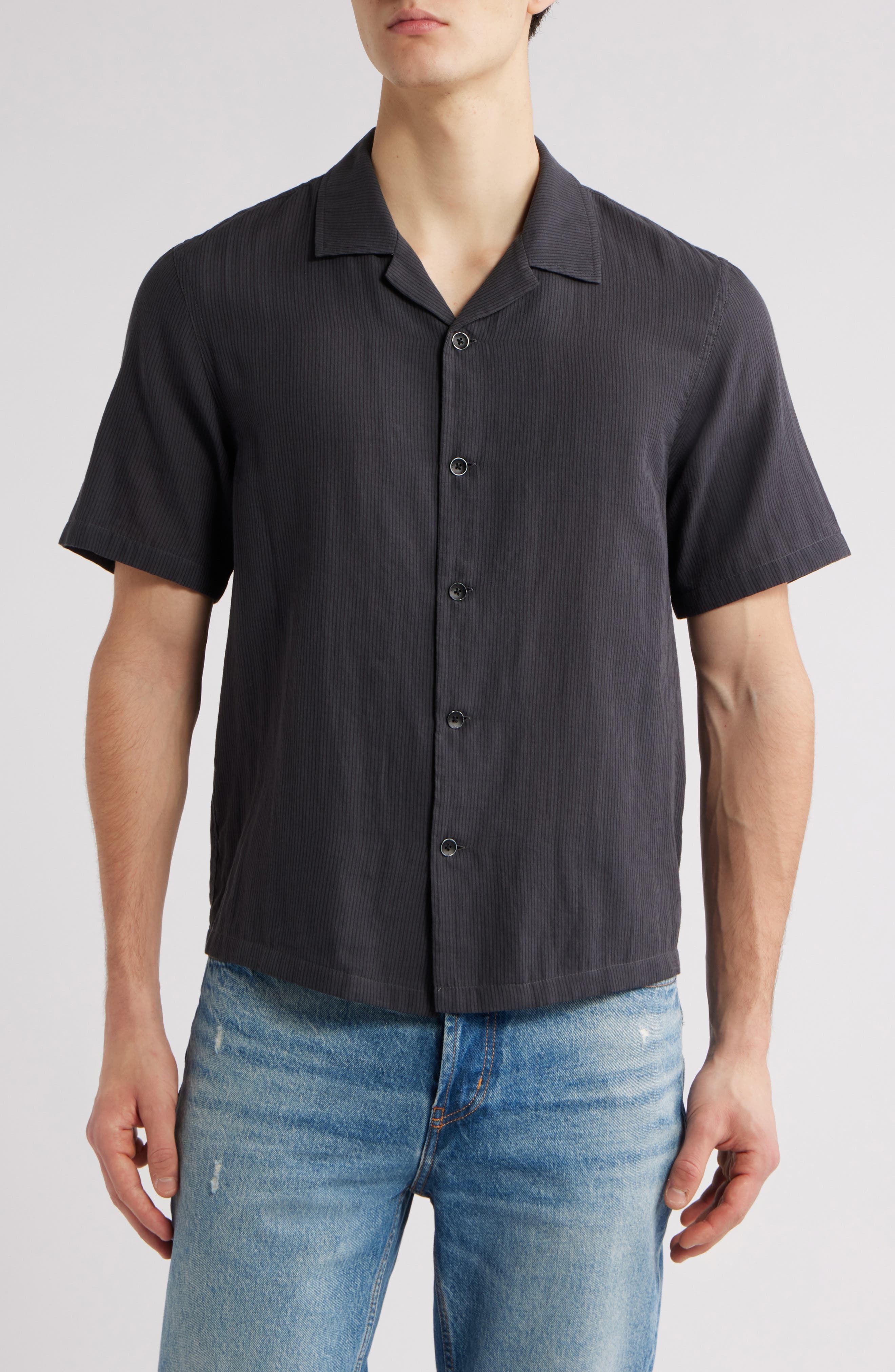 rag & bone Avery Cotton Gauze Camp Shirt in Dark Grey Stripe at Nordstrom - 1