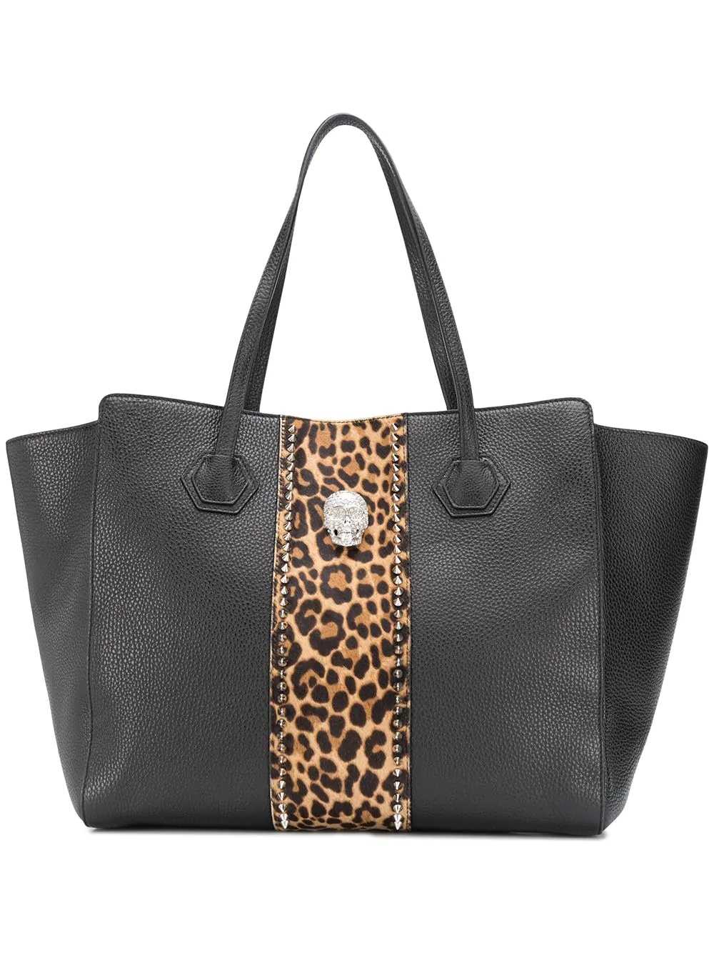 leopard print panel leather tote bag - 1