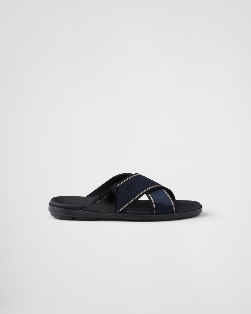 Prada Brushed leather and Re-Nylon tape crisscross slides outlook