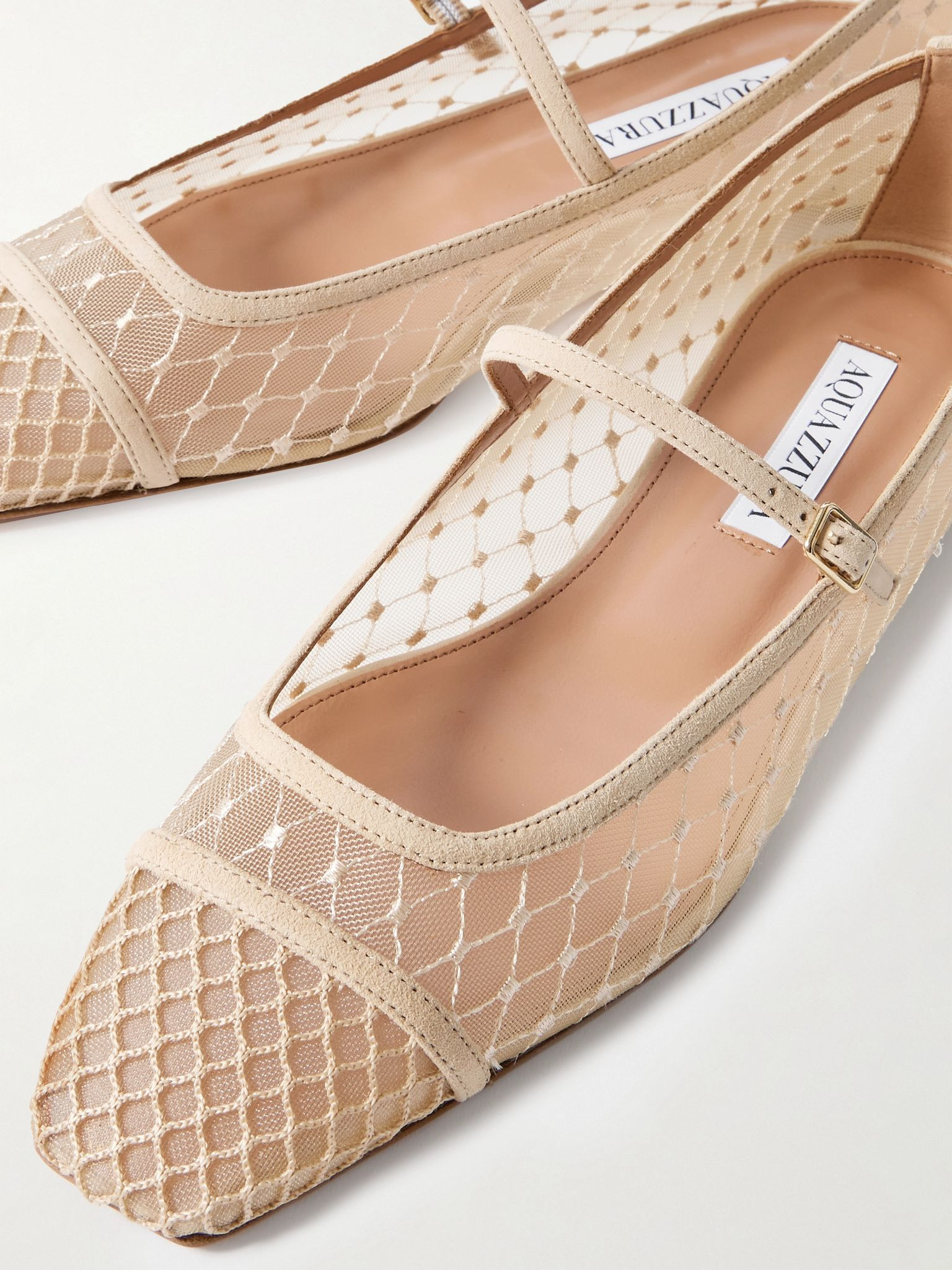 Juliette suede-trimmed embroidered mesh Mary Jane ballet flats Neutral - 4