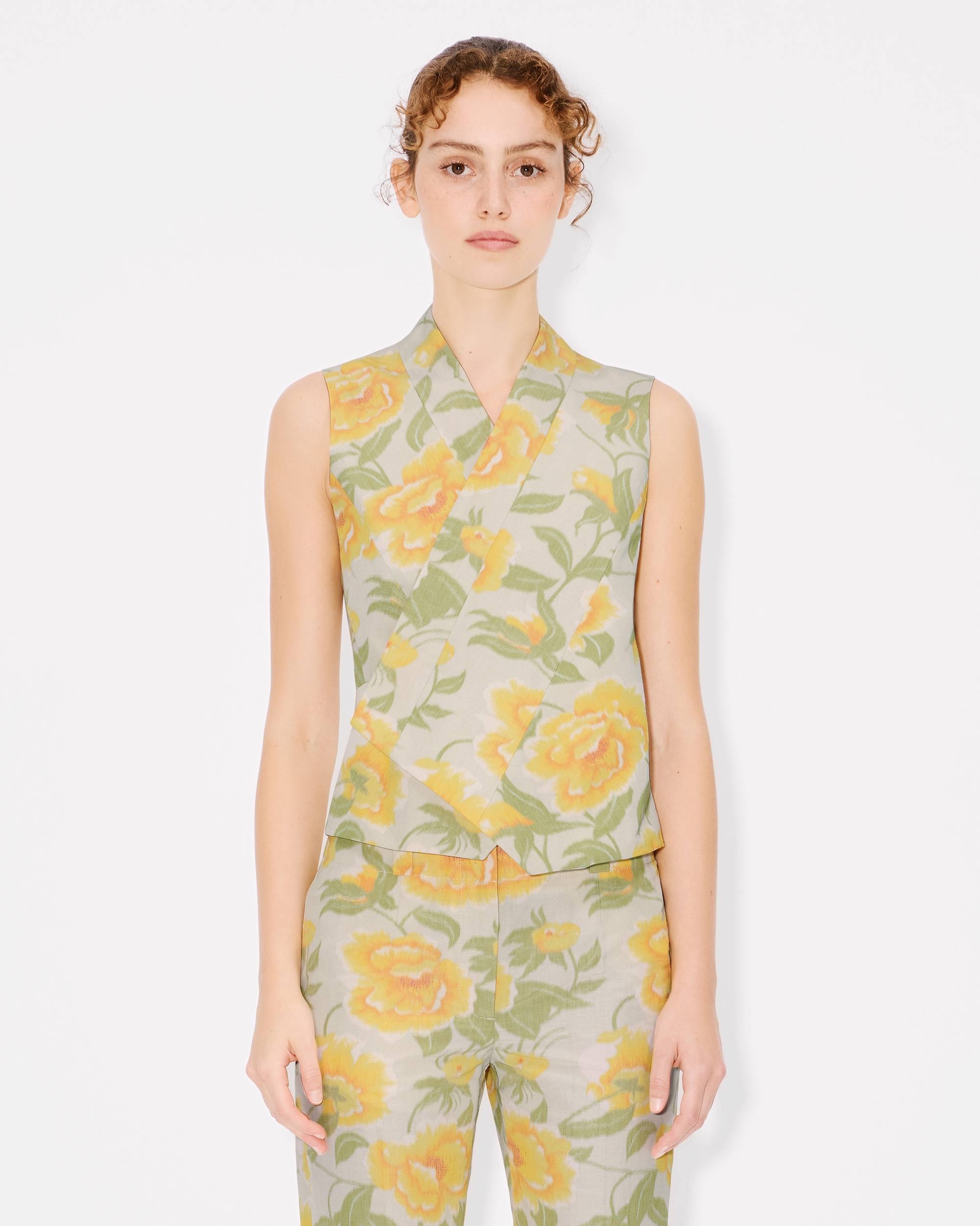 'KENZO Peonies' kimono waistcoat in cotton linen and satin solid - 3