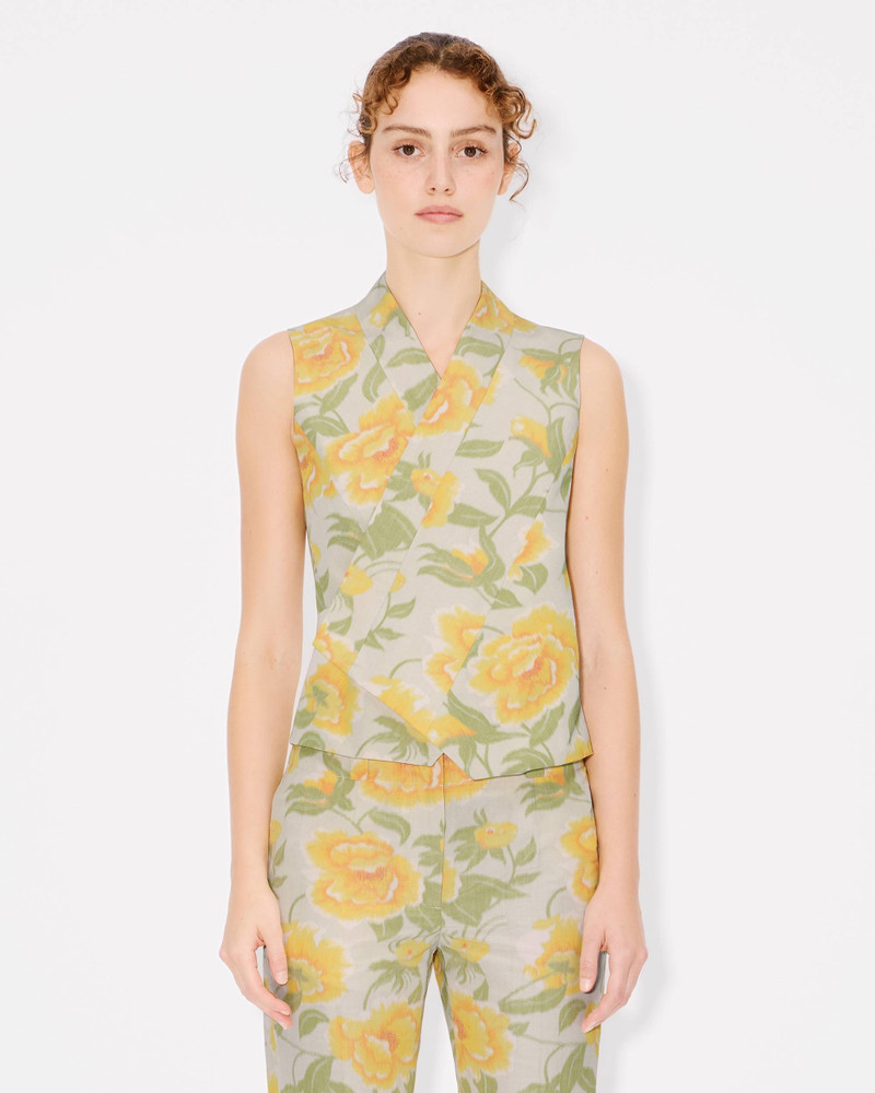 'KENZO Peonies' kimono waistcoat in cotton linen and satin solid 3