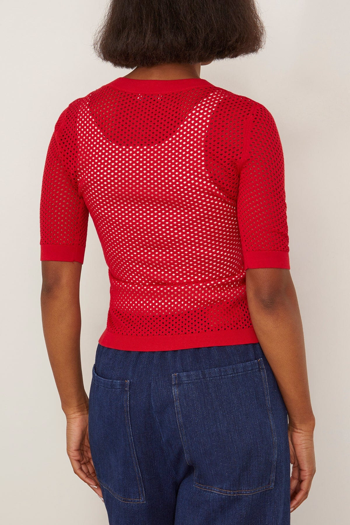 Mesh Cropped Sleeve Sweater in Red - 5
